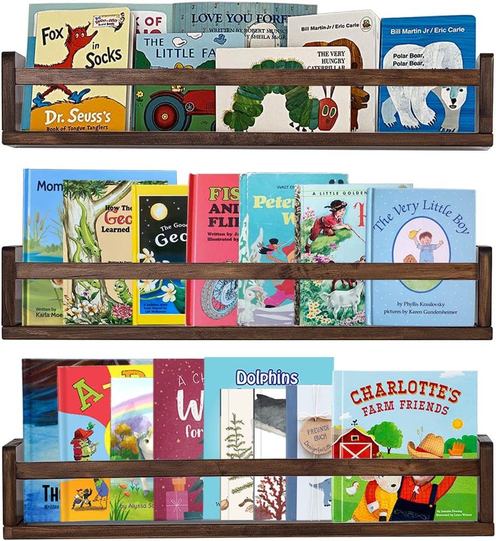 AZSKY Nursery Book Shelves 24 in Set of 3 Walnut Floating Bookshelf for Kids Room Wall Mounted Floating Shelves Solid Nursery Bookshelf Perfect Decor for Kitchen Bedroom Living Room