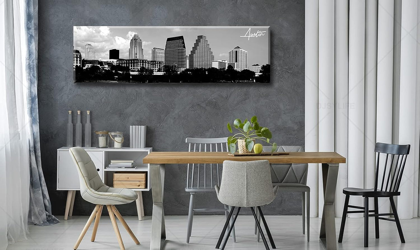 Austin Skyline Wall Art Black and White City Building for Living Room Cityscape Canvas Print Modern Home Decor Artwork Framed 14x48 Inch 1 Panels Panorama Pictures Landscape Poster Decoration