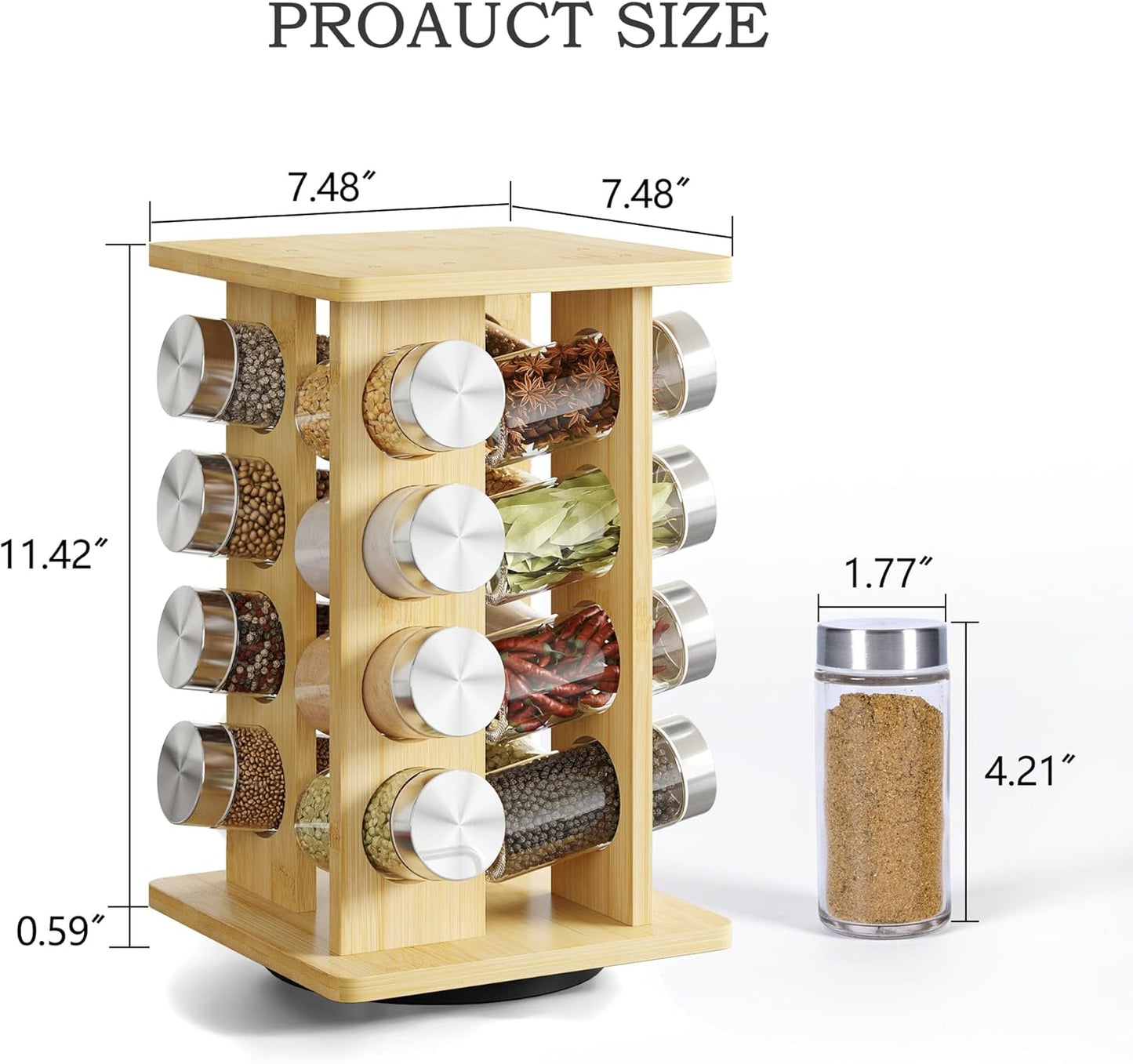 WelFurGeer Bamboo Spice Rack Organizer for Countertop, Revolving Spice Shelf with 16 Glass Jars, Lids & Labels, Desktop Rotating Seasoning Organizer for Kitchens, Space-Saving Design
