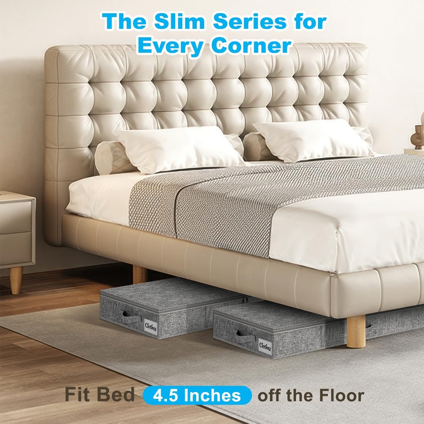 Under Bed Storage Container Bin 4 Pack, 4.5 Inch Slim Low Profile Underbed Clothes Storage Organizer for Dorm & Home, Use for Blanket and Toy Storage Box W/ Sturdy Bottom/Sides, Foldable Thick Fabric