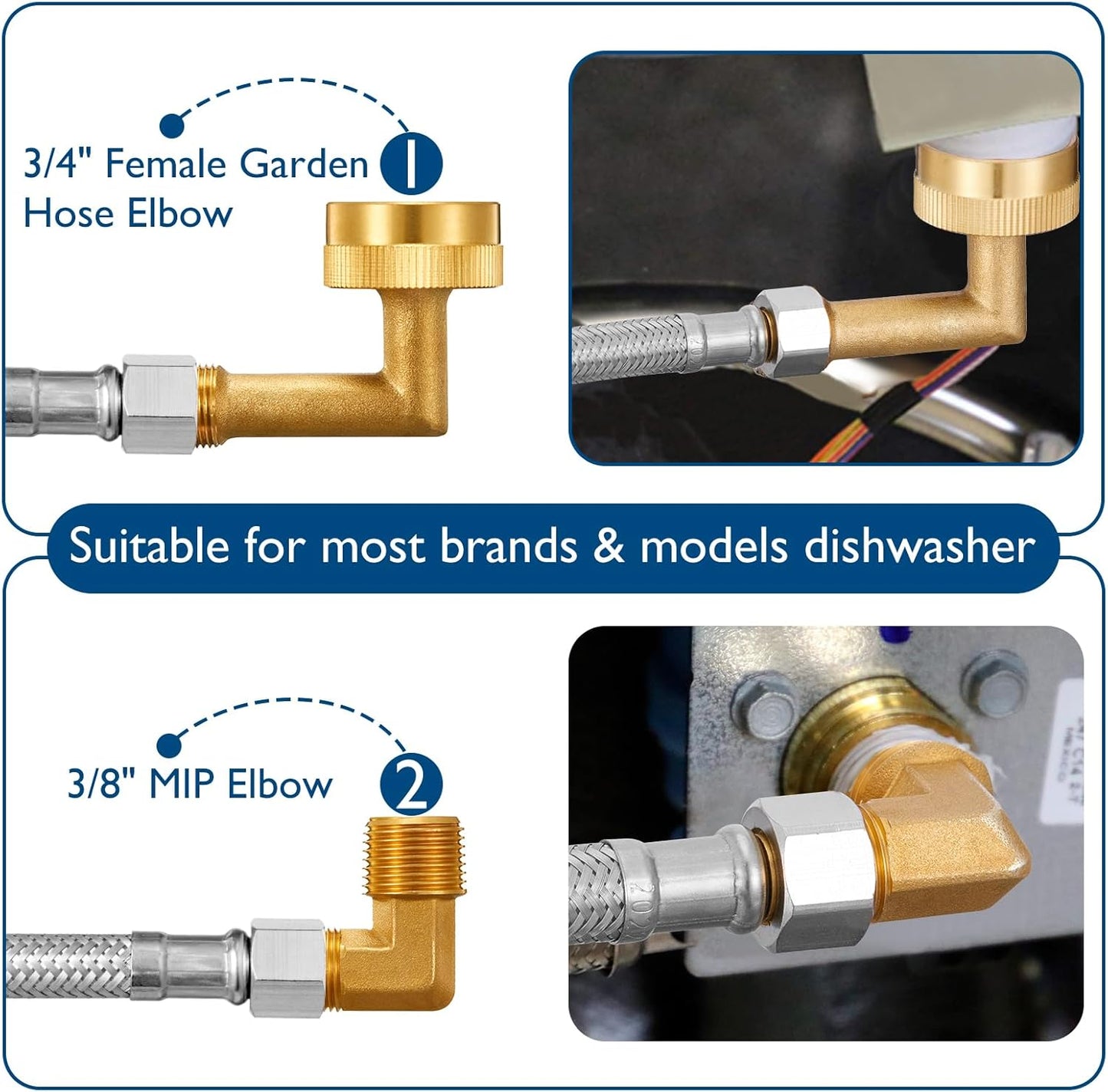 Dishwasher Installation Kit - 15 FT Stainless Steel Braided Dishwasher Hose kit,Food Grade PEX Inner Tube Dishwasher Water Line with 3/8"x3/8"x3/8" Tee Stop Valve,3/8"x3/8"MIP Elbow,3/8"x3/4"FHT Elbow
