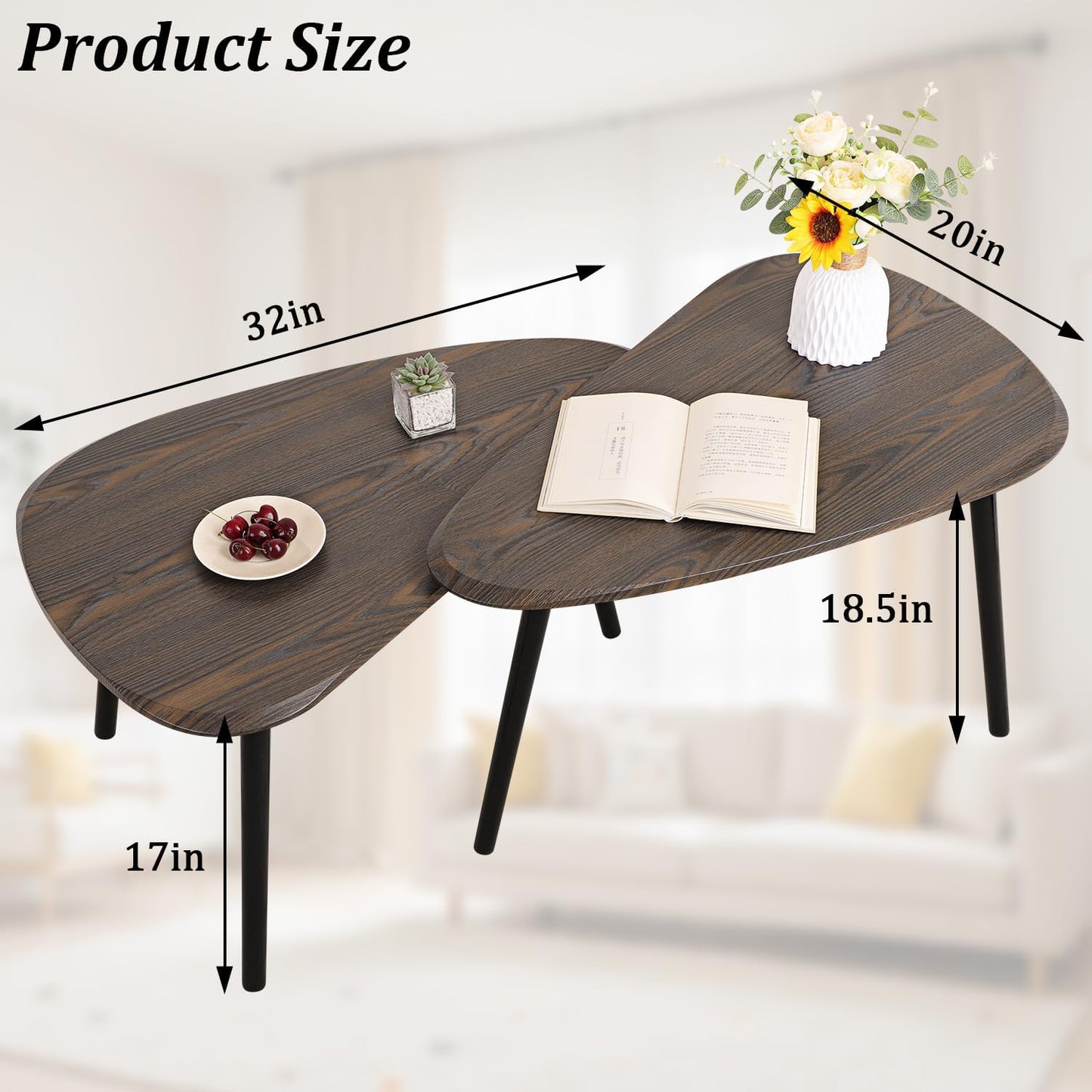 Nesting Coffee Table Set of 2 Side Set Wooden Tables Living Room Bedroom Apartment Modern Industrial Simple Nightstand,Walnut 32" D x 20" W x 18.5" H