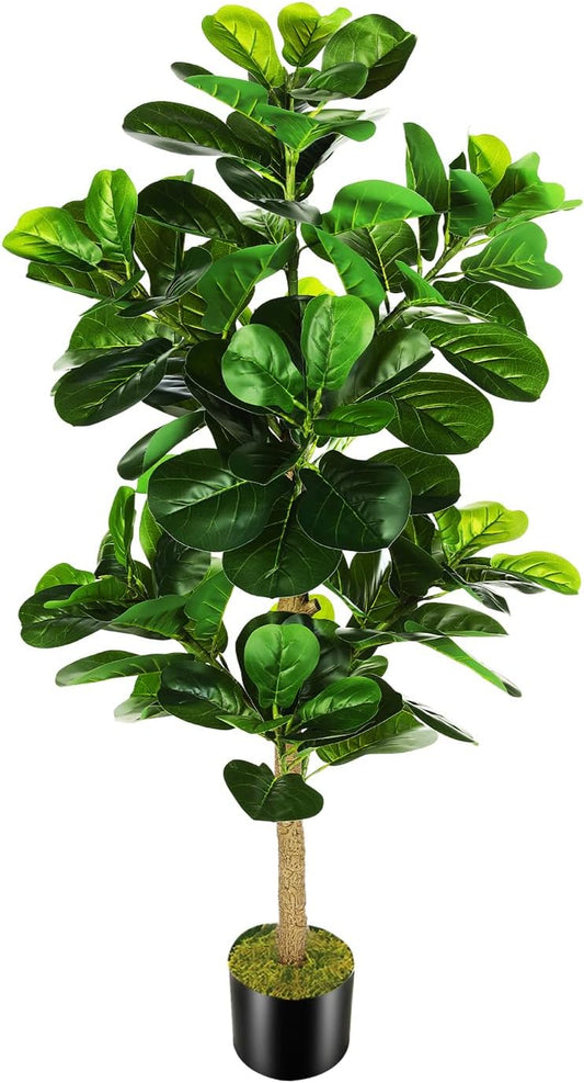 5ft Artificial Fiddle Leaf Fig Tree (60in) with Plastic Nursery Pot Faux Tree, Ficus Lyrata Fake Plant for Office House Farmhouse Living Room Home Decor (Indoor/Outdoor)