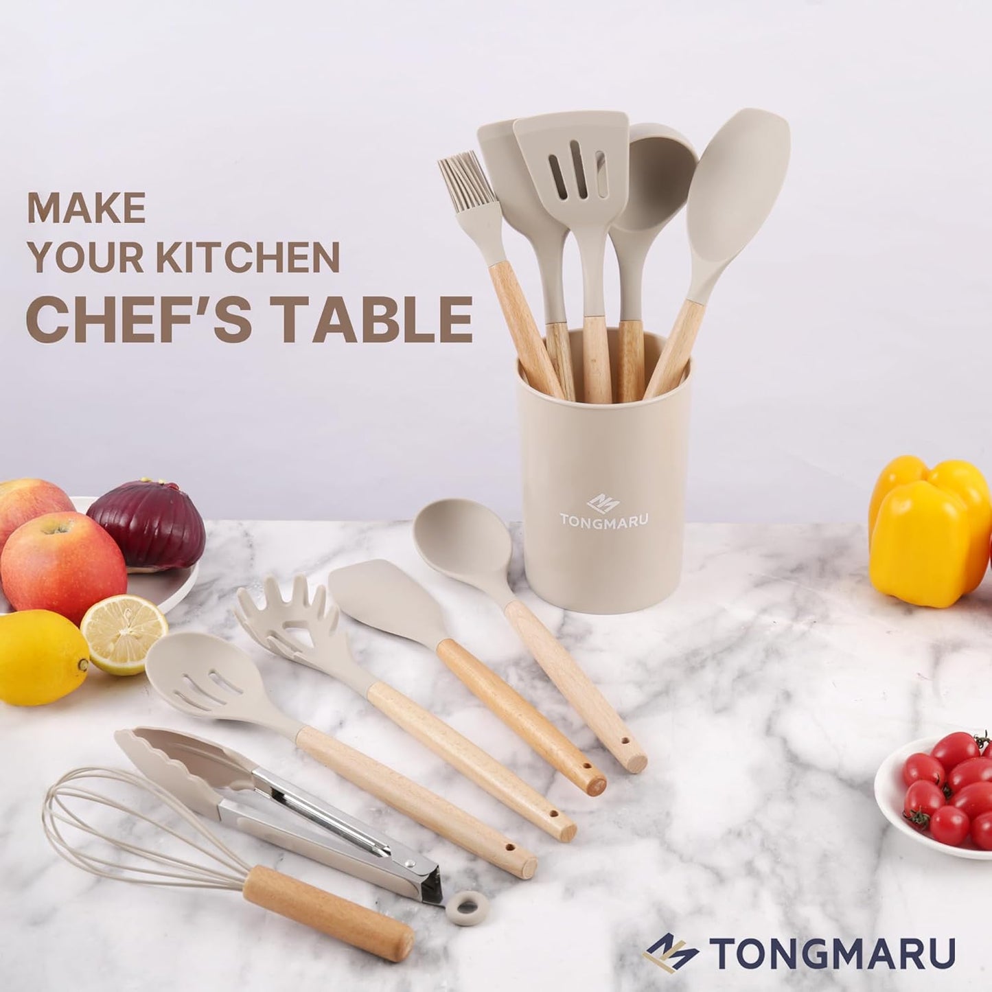 Silicone Cooking Utensils Set, Premium Beech Wood Handle Kitchen Gadgets Utensil Set, Non-Stick Kitchen Utensils Spatula, Tongs, Turner, Whisk, Brush, Spoon, BPA FREE, 446°F Resistant (Khaki)