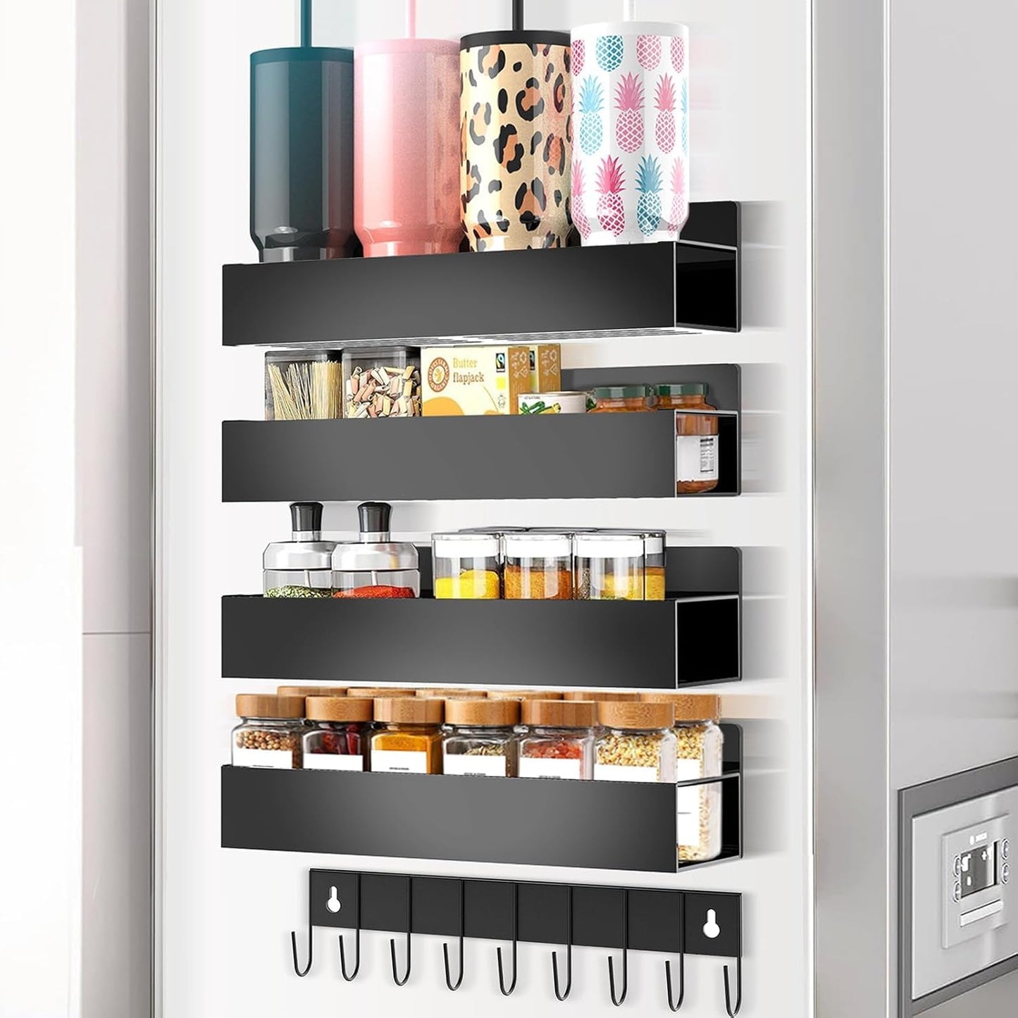 Magnetic Spice Rack Organizer for Fridge Seasoning Organizer for Kitchen storage with Screw or Adhesive Hanging,Magnetic Shelf with Hook for Refrigerator and Oven (Black, 5pack)