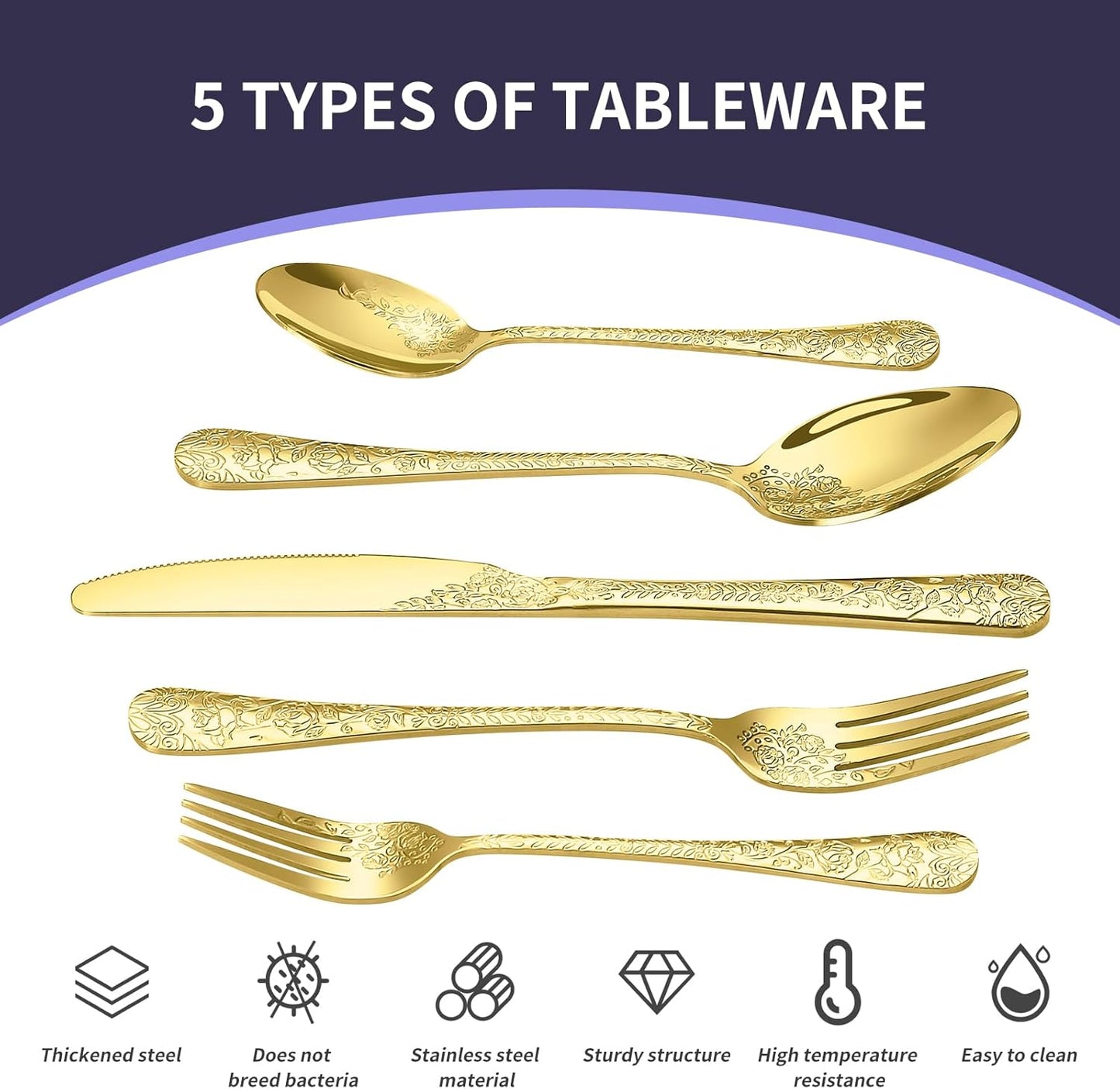 Floral 40 Pcs Gold Silverware Set for 8, Food Grade Stainless Steel Flatware Set with Rose Flower Embossed Design, Eating Utensils Sets Include Fork/Knife/Spoon, Reusable Cutlery Set, Dishwasher Safe