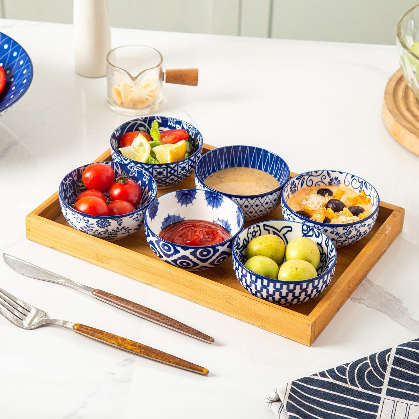 Ceramic Dipping Bowls Set - 4 Oz Small Dessert Bowl 3.5 Inch Porcelain Small Bowls for Side Dishes, Snack, Yogurt, Appetizer - Microwave Dishwasher Safe - Set of 6 - Vintage Blue