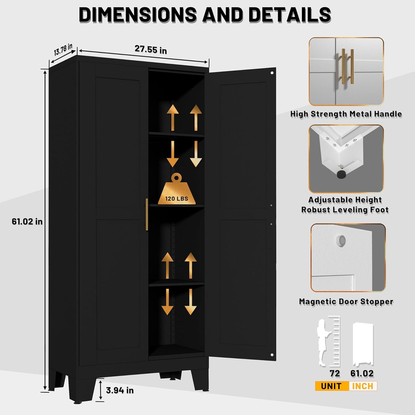 61" Balck Metal Kitchen Storage Cabinet, Kitchen Pantry Storage Cabinet with Doors and Shelves, Storage Cabinet with Adjustable Leveling Foot for Kitchen, Living Room and Dining Room