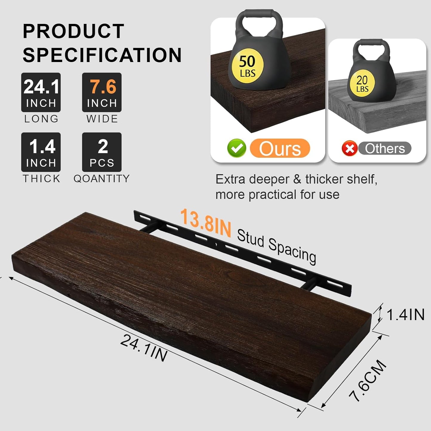 Floating Shelves Set of 2, Aged Elm Wood Picture Ledge Shelf, Floating Shelves for Wall for Bedroom Kitchen Bathroom Living Room (Walnut, 24 inch)