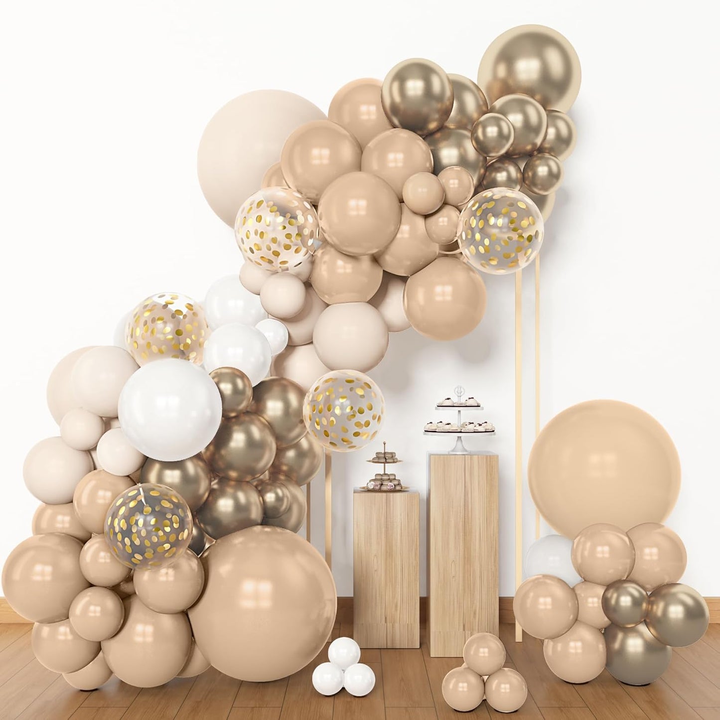 Amandir 153pcs White Sand Balloon Garland Arch Kit, Different Sizes 18 12 10 5 inch Beige Cream Champagne Gold Latex Metallic Confetti Balloons for Boho Neutral Baby Shower Birthday Party Decorations