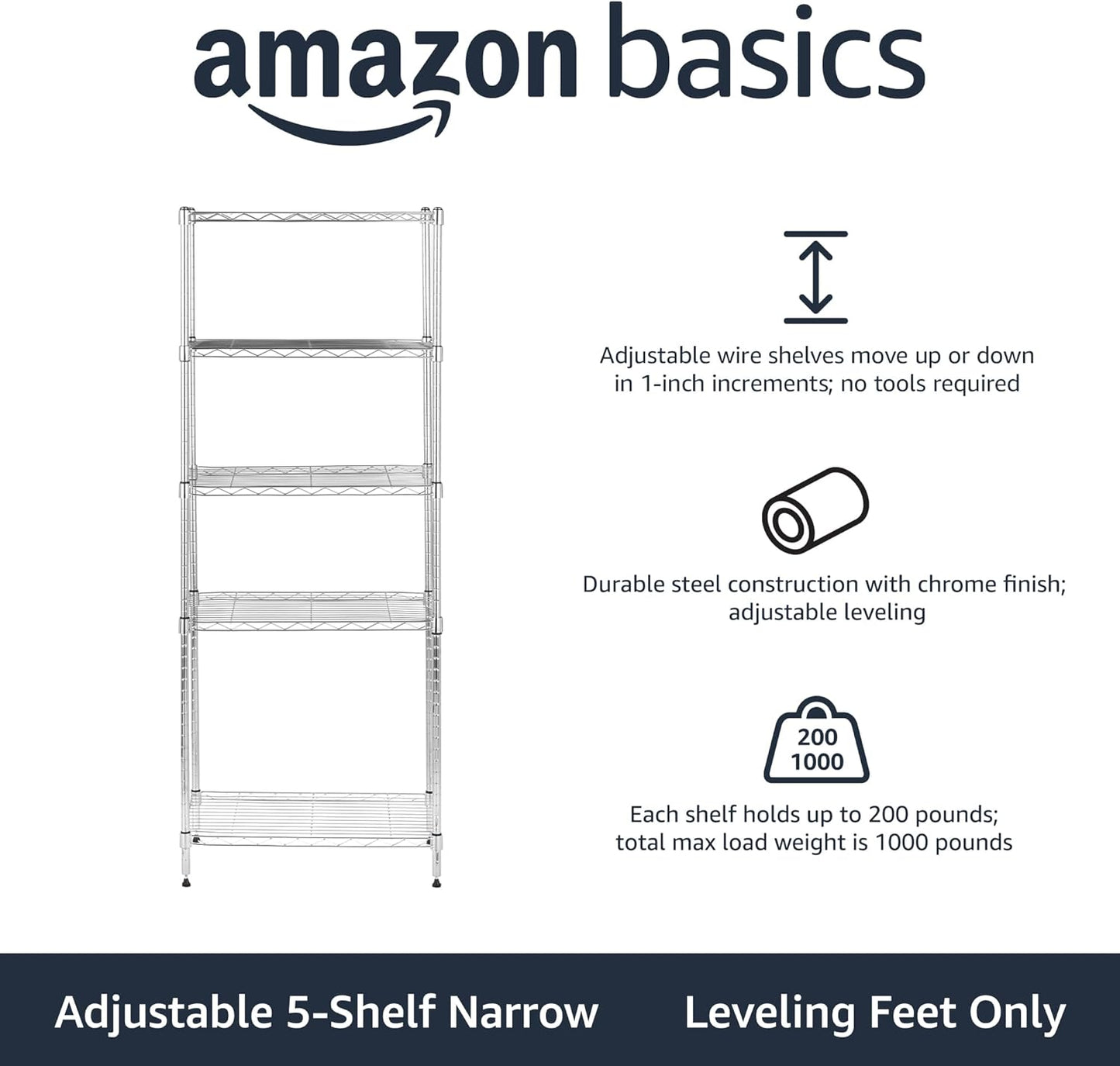 Amazon Basics 5-Shelf Adjustable, Storage Shelving Unit, (200 Pound Loading Capacity per Shelf), Steel Organizer Wire Rack, 23.2 x 13.4 x 60 inches (LxWxH), Chrome