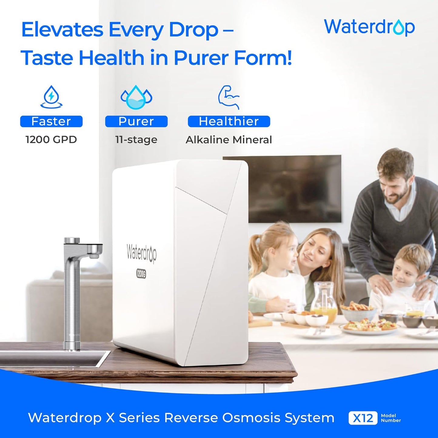 Waterdrop X12-Alkaline Mineral pH+ Reverse Osmosis System, NSF/ANSI 42&58&372 Certified, 1200 GPD RO Water Filter, 11-Stage Filtration Tankless RO System, 3:1 Pure to Drain, UnderSink, BPA Free