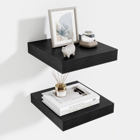 Fun Memories Floating Shelves for Wall 10 Inch, 10 Inch Deep Square Wall Shelves, Bathroom Storage Shelves Over Toilet, Wood Floating Shelves for Living Room Bedroom, Black, Set of 2