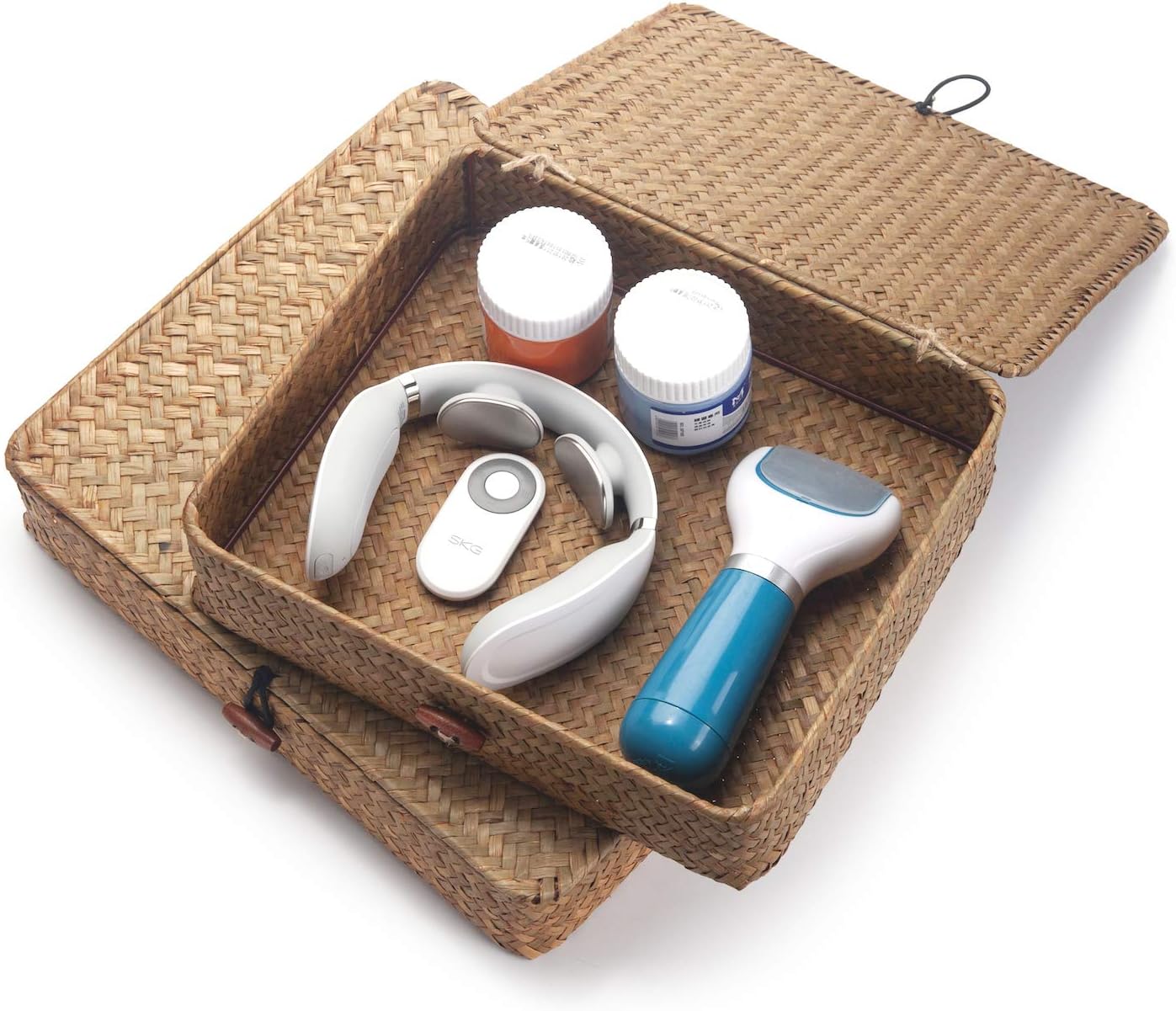 Seagrass Storage Basket Box with Lid Rectangular Woven Shelf Baskets Bins for Organize Snack Toys Set of 2 Natural Decorative(Large+Small)