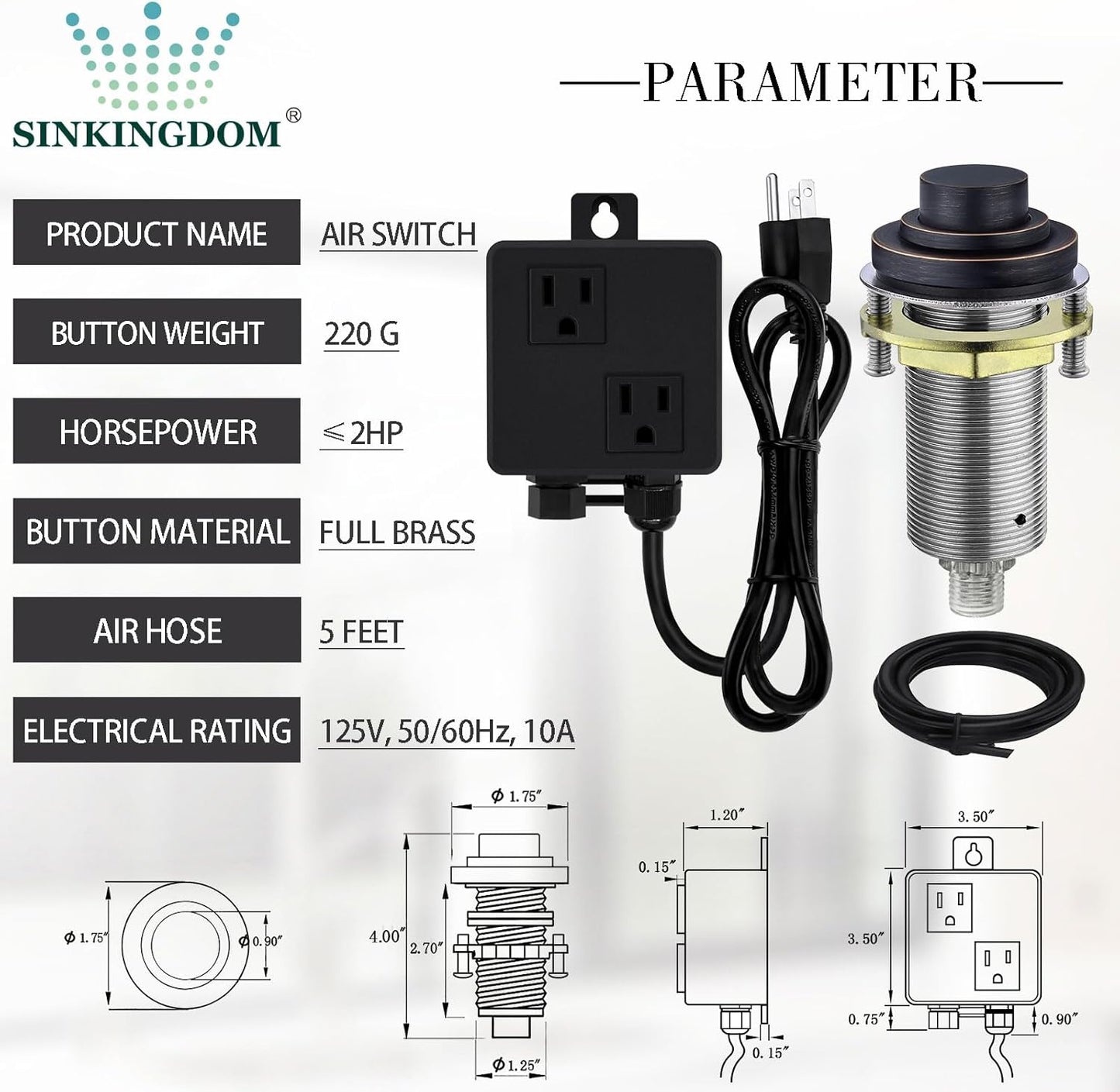 SinkTop Air Switch Kit (Long Full Brass Button) for Disposal, Dual Outlet, (Oil Rubbed Bronze)