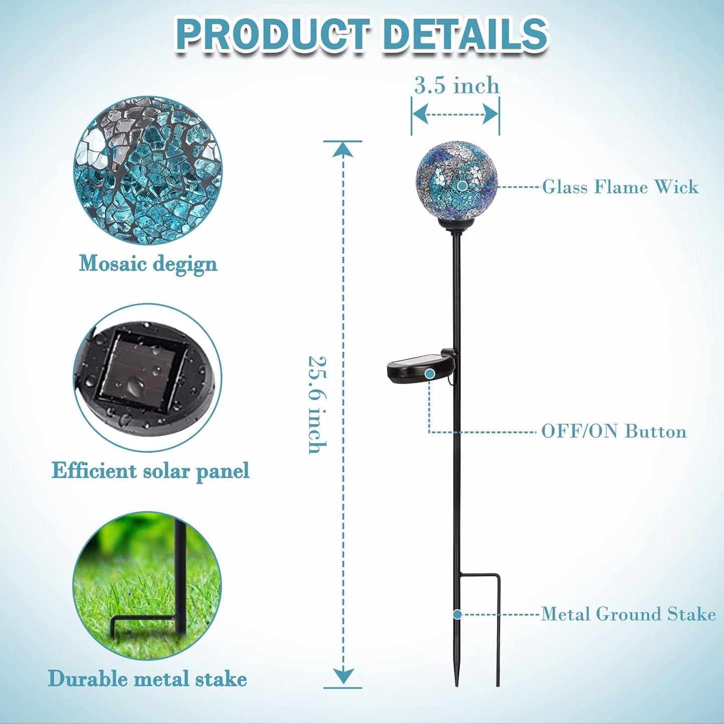 Solar Garden Lights Outdoor Decorative - Solar Gazing Ball Mosaic Garden Stakes Decorative Waterproof Outdoor Lights for Pathway Yard Lawn Decoration Blue