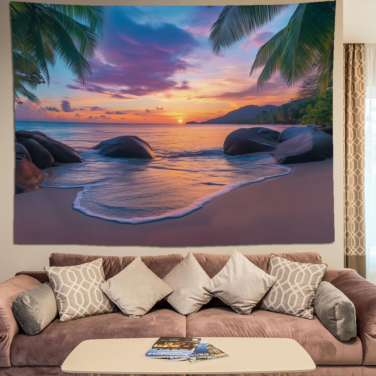 keowhsf Beach Sunset Ocean Tapestry – Tropical Palm Trees Wall Decor with Warm Orange Sky, Summer Seaside Landscape Wall Hanging for Bedroom Living Room Dorm