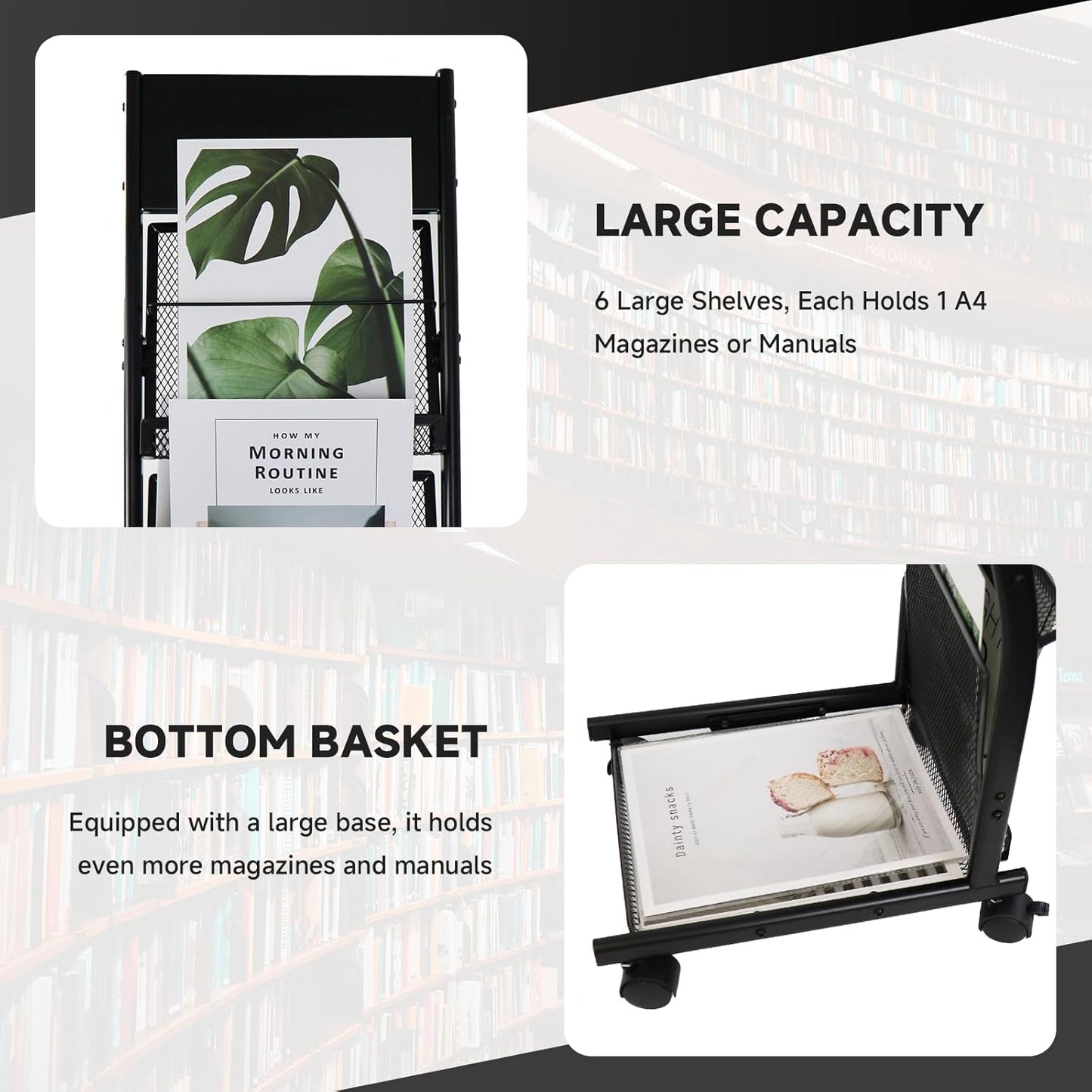 Floor-Standing Magazine Rack 6-Layer with Wheels, Brochure Display Stand for Exhibitions, Office, and Any Organization Requiring Information Display