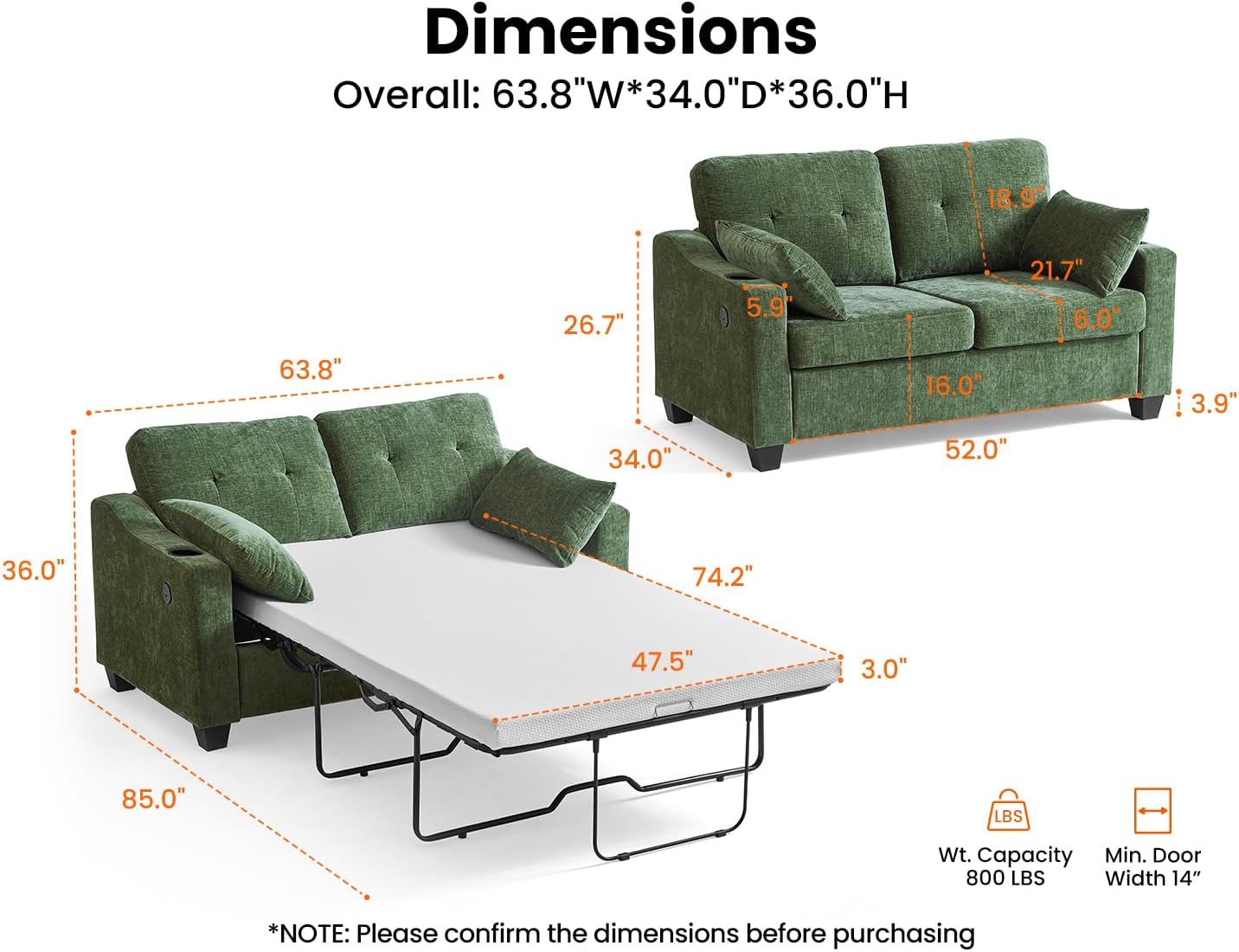 CHIC HOUSE Pull Out Sofa Bed, Full Size Sleeper Sofa, 2-in-1 Convertible Chenille Couch with USB Charging, Memory Form Couch for Living Room, Apartment & Small Space (Green, Chenille - Full)