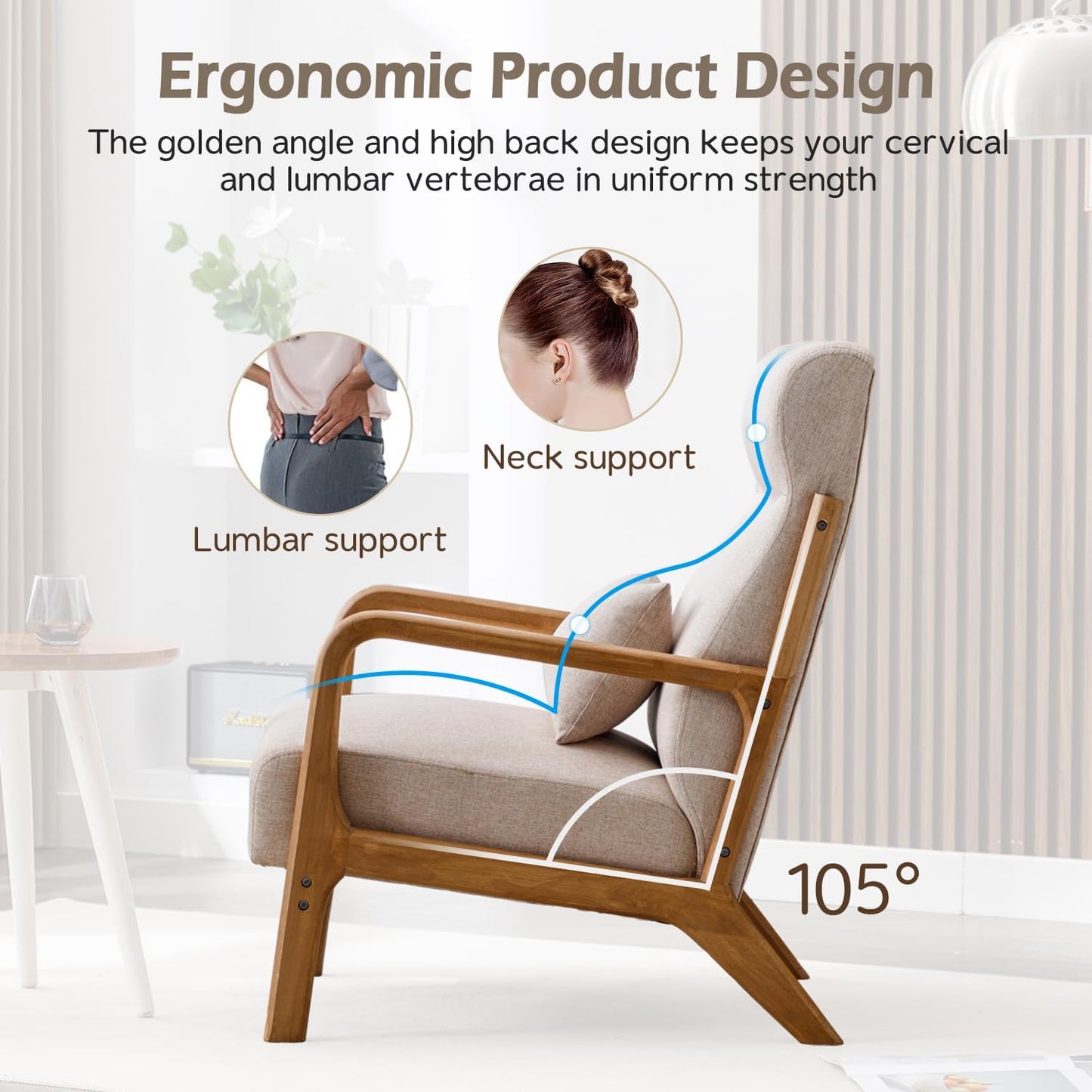 INZOY Mid Century Modern Accent Chair with High Back, Upholstered Living Room Chairs with Waist Cushion, Wood Frame Reading Armchair for Bedroom Sunroom, Beige