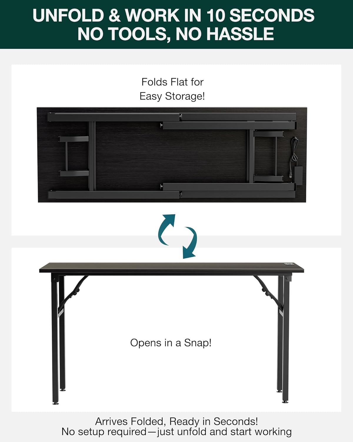 Frylr Small Folding Computer Desk – 55.1 Inch Portable Table for Craft and Study, Lightweight Desk for Small Spaces, Foldable Laptop Table Built-in AC/USB Outlets for Convenience, Charcoal Wenge