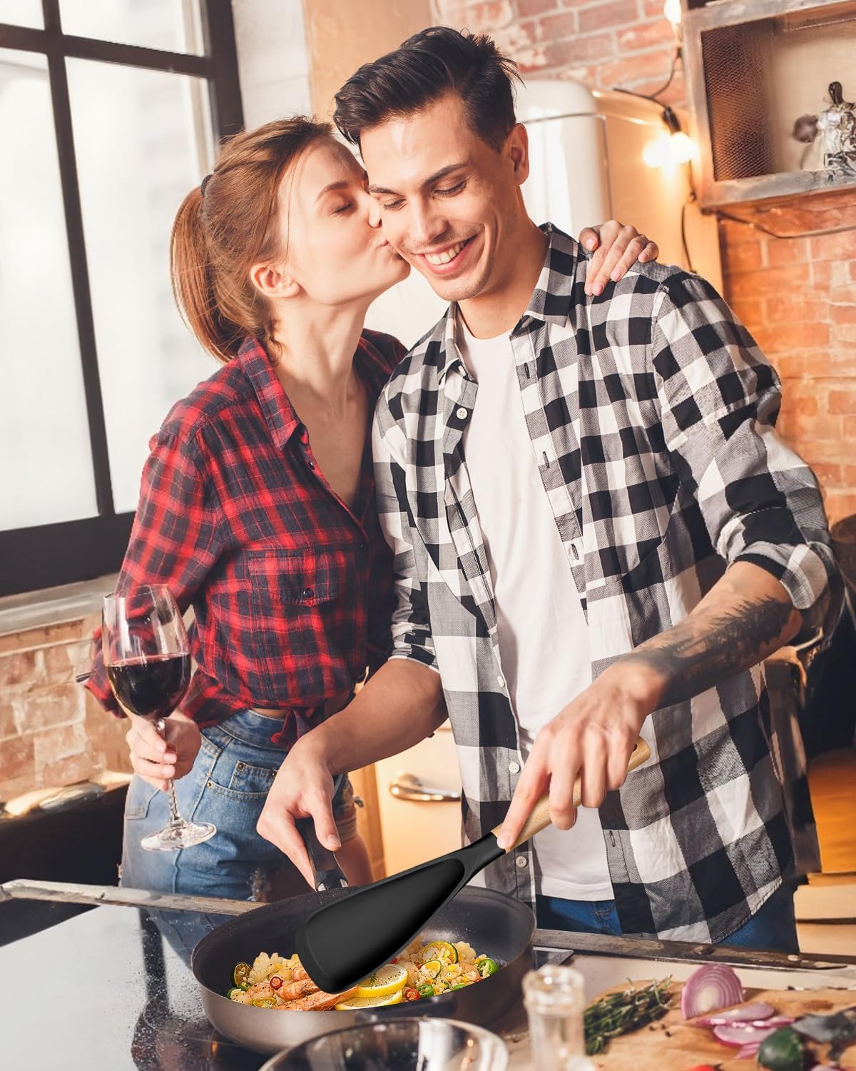 Cooking Spoon for Nonstick Cookwares, Great for Cooking and Serving Sturdy BPA-Free Matte Silicone, Wood Handle Spoon for Mixing, Scoop, and Scrape (Black & Grey, 13.4 inch)