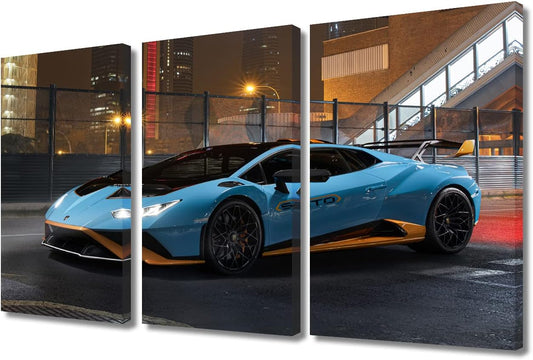 TUMOVO Canvas Wall Art Print Sports Car Posters for Men Boys Bedroom Supercar Speed Car Wall Decor Art Paintings Blue Hypercar Modern Giclee Artwork for Office Home Decor Ready to Hang, 36" Wx24 H