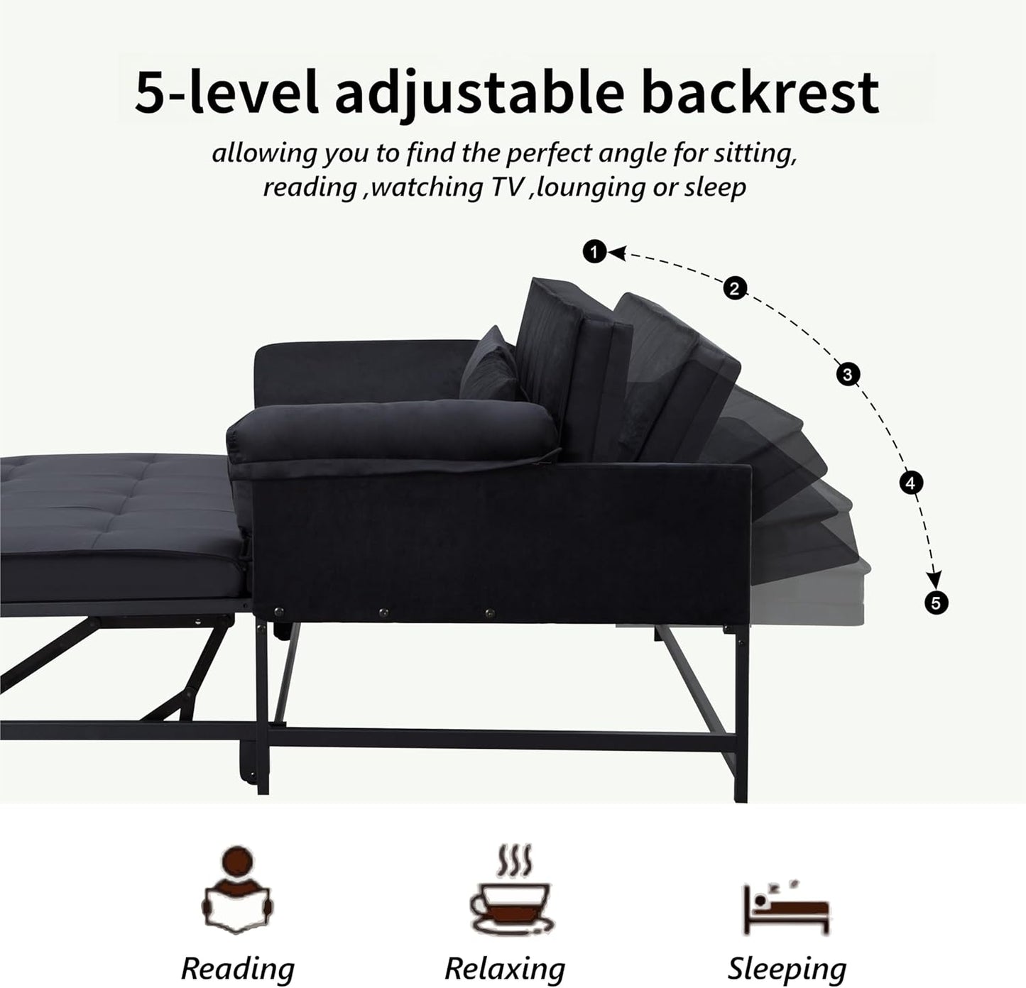 Pull Out Sofa Bed, 46” Futon Couch with Convertible Sleeper, Velvet Pull Out Couch with Adjustable Backrest, Small Sofa Bed with 2 Pillows for Living Room Office Guest Room, Black