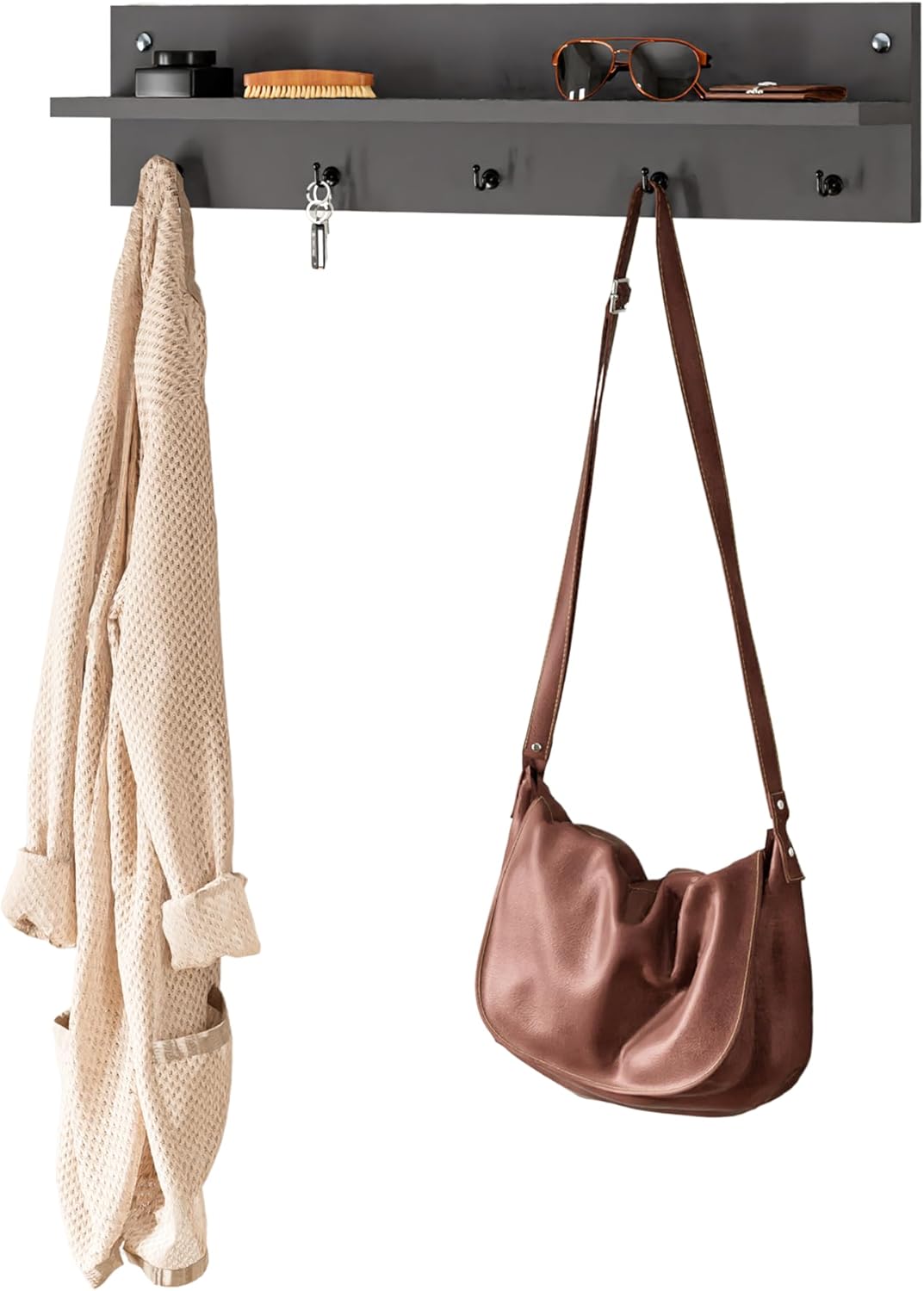 Modern Wall-Mounted Coat Rack with Shelf and Hooks - Wooden Entryway Organizer (Grey)