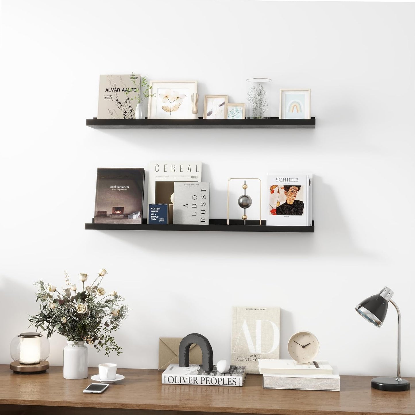 Picture Ledge Shelf, Wood Floating Shelves Set of 2, 36 inch Picture Ledge Shelves, Photo Ledge Nursery Book Shelves Wall Mounted for Living Room Kids' Room Bedroom, Color Black