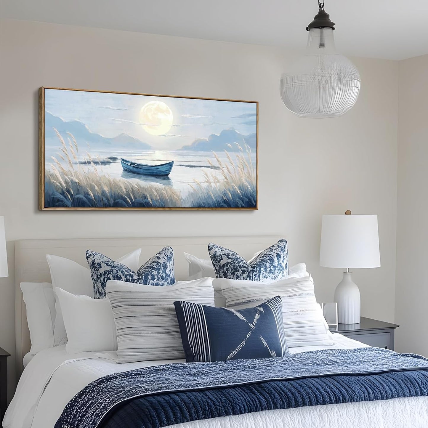 amatop Large Framed Wall Art Bedroom Living Room Decor Blue Boat Moonlight Coastal Seascape Picture Landscape Decorative Canvas Print Tranquil Night Ocean Lake Scene Artwork Nautical Wall Decor 48x24