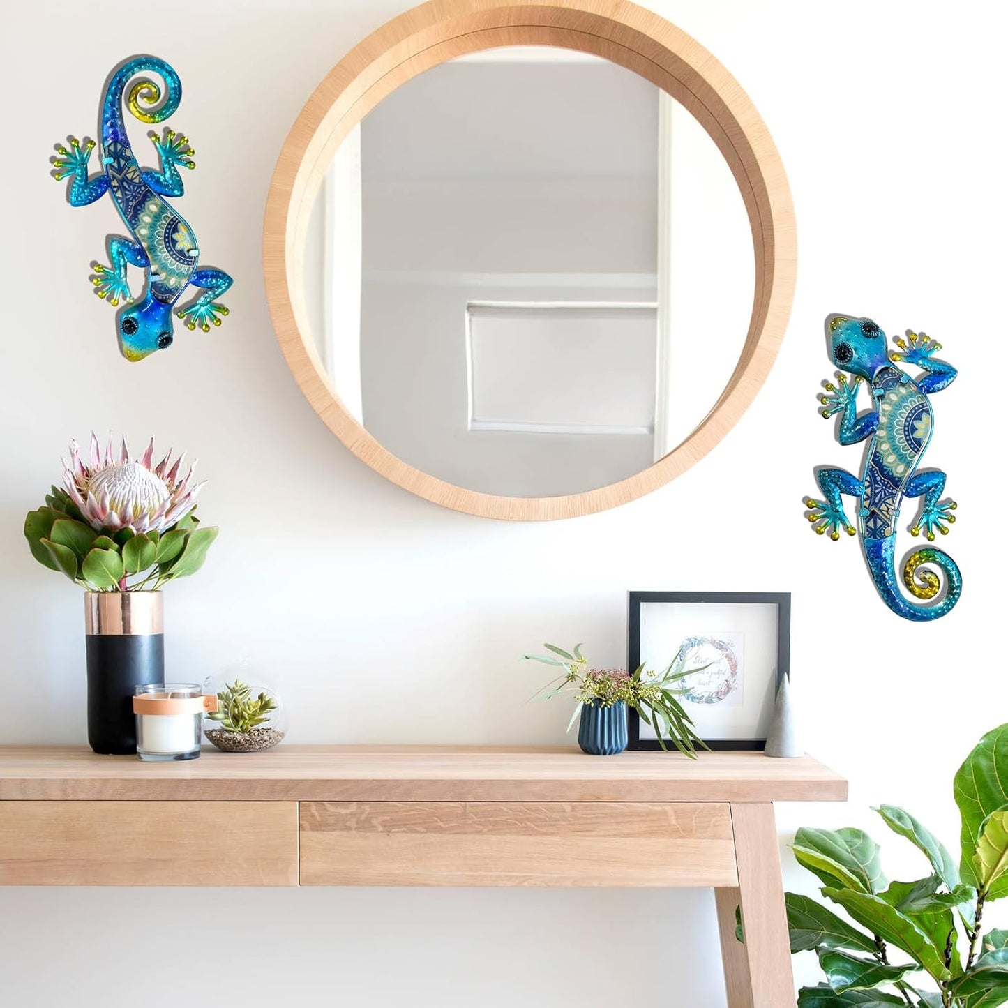 HONGLAND Metal Gecko Wall Art 2Pcs Outdoor Wall Decor Lizard Metal Hanging Wall Decoration Glass Sculpture for Garden Yard Patio Fence Home (Blue)