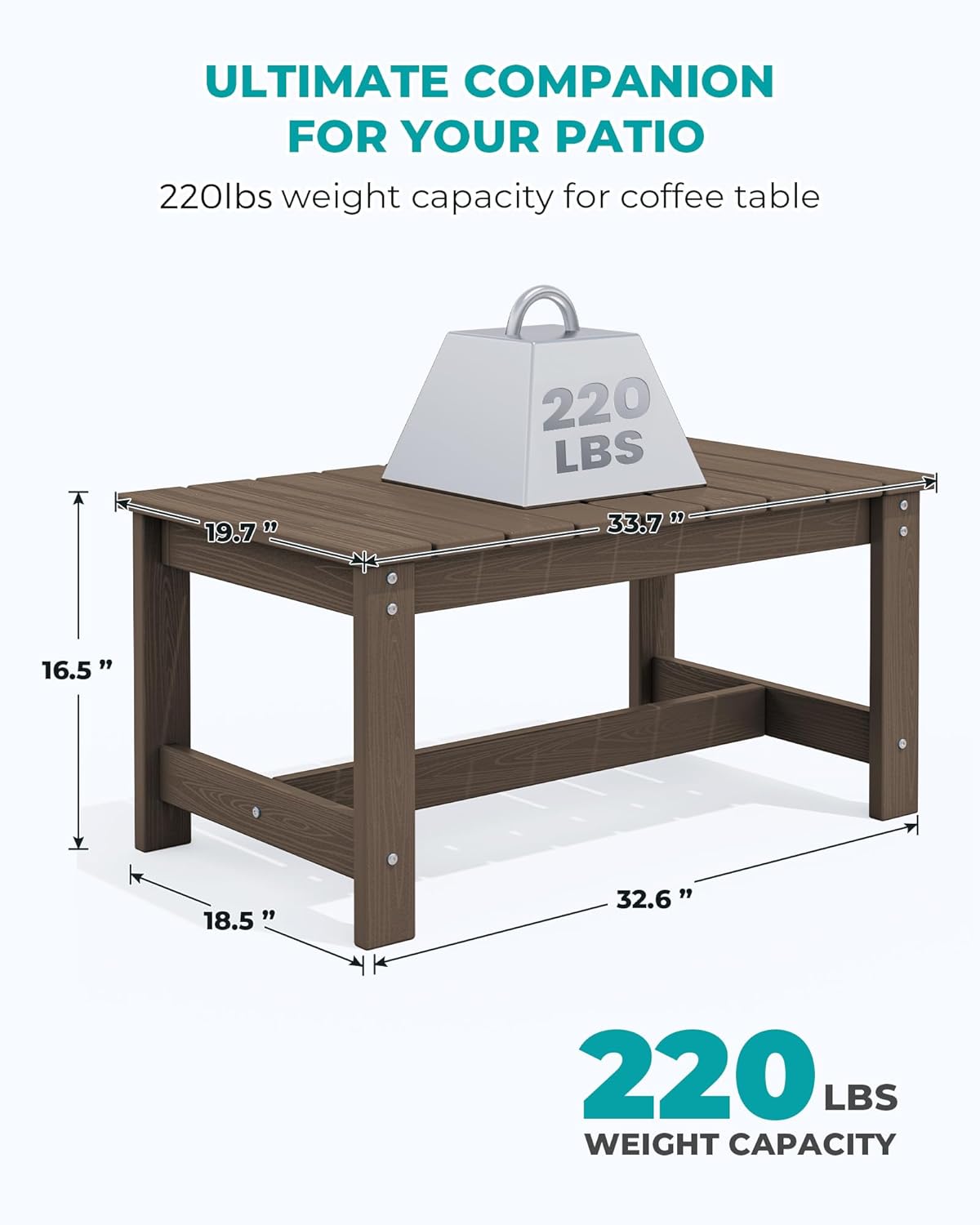 SERWALL HDPE Patio Coffee Table, Rectangle Outdoor Coffee Table, All Weather Patio Table for Deck, Pool, Balcony, Indoor or Outdoor Use, Coffee