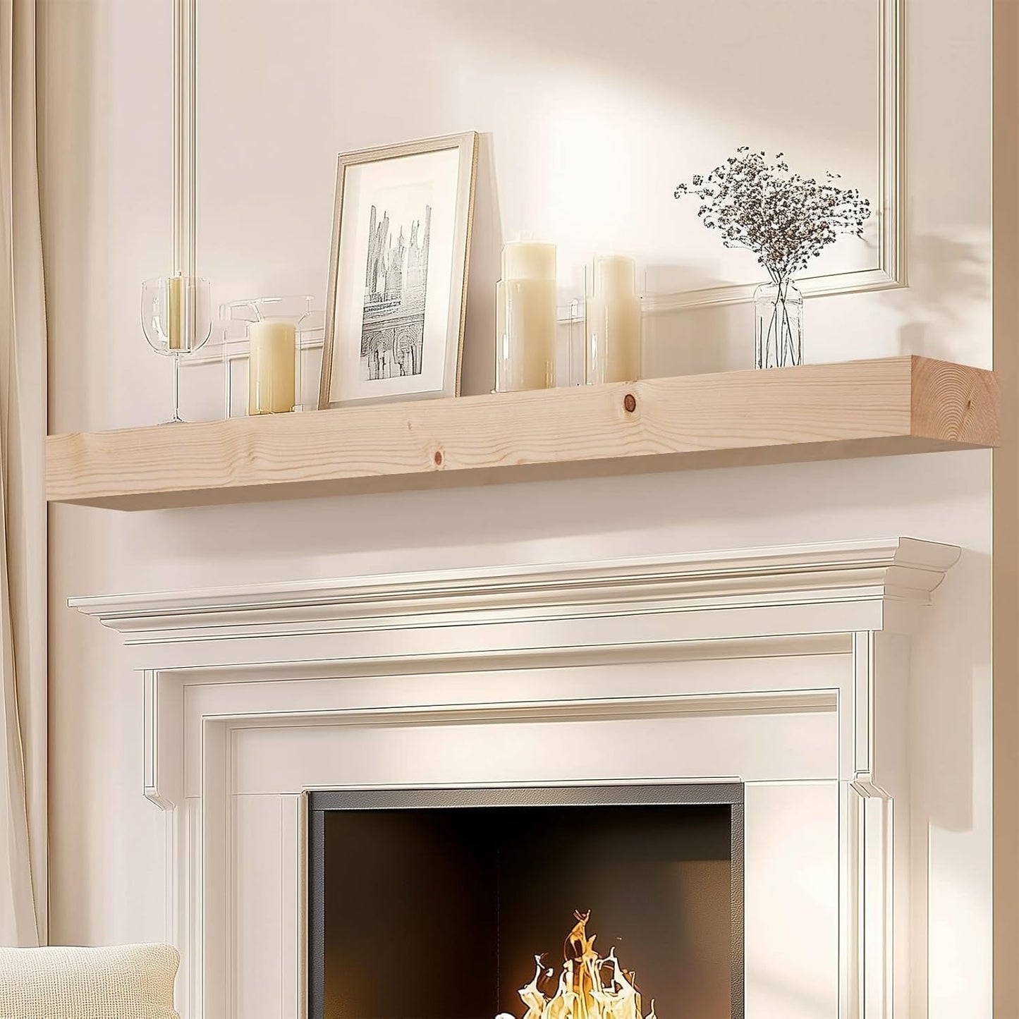 72x7x3 Fireplace Mantel - Solid Rustic Wood Wall Mounted Floating Shelf - DIY Color - with Invisible Heavy Duty Steel Bracket