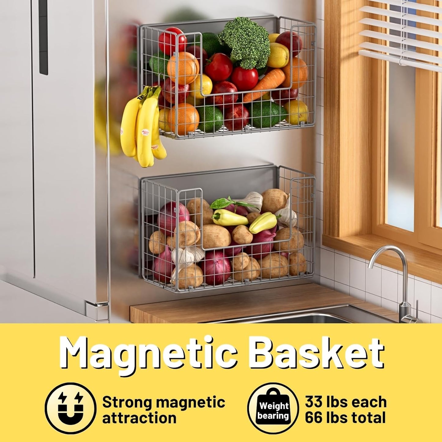 Magnetic Shelf for Fridge, Fruit Potato & Onion Storage Bins, Pantry Organizers & Storage, Large Container Magnetic Basket for Refrigerator, Kitchen Counter,Cabinet Magnetic Fridge Organizer Silver 2