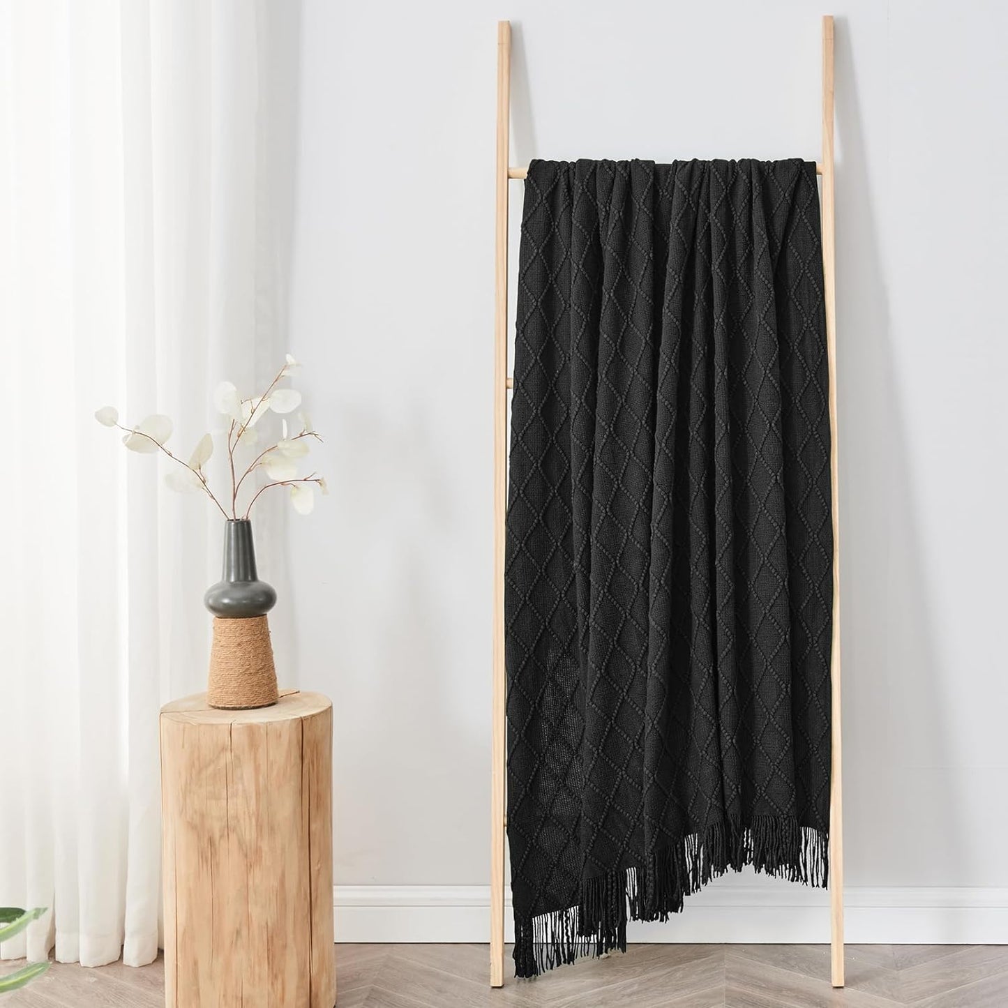 inhand Knitted Throw Blankets for Couch and Bed, Soft Cozy Knit Blanket with Tassel, Black Lightweight Decorative Blankets and Throws, Farmhouse Warm Woven Blanket for Men and Women, 50"x60"