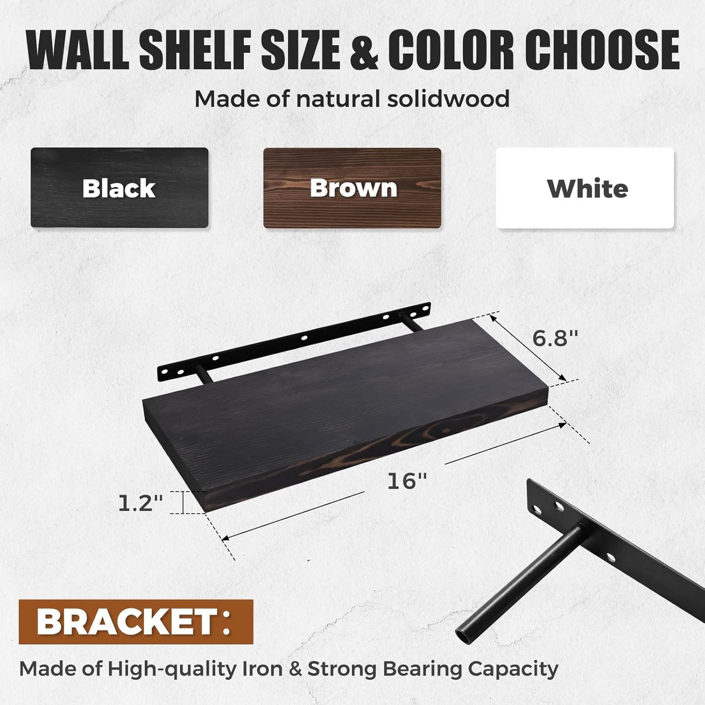 Floating Wall Shelves - 16"x6.8"x1.2" Sturdy Rustic Black Solid Wood Shelves for Storage and Décor, Easy Installation for Living Room, Bedroom, and Kitchen - 2 Pack