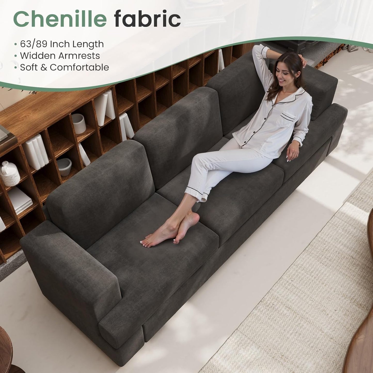 2 Piece Set Comfy Sofa Couch, 3 Seater & Loveseat Sofa with Deep Seats, Modern Sleeper Couch for Living Room, Dark Grey Chenille