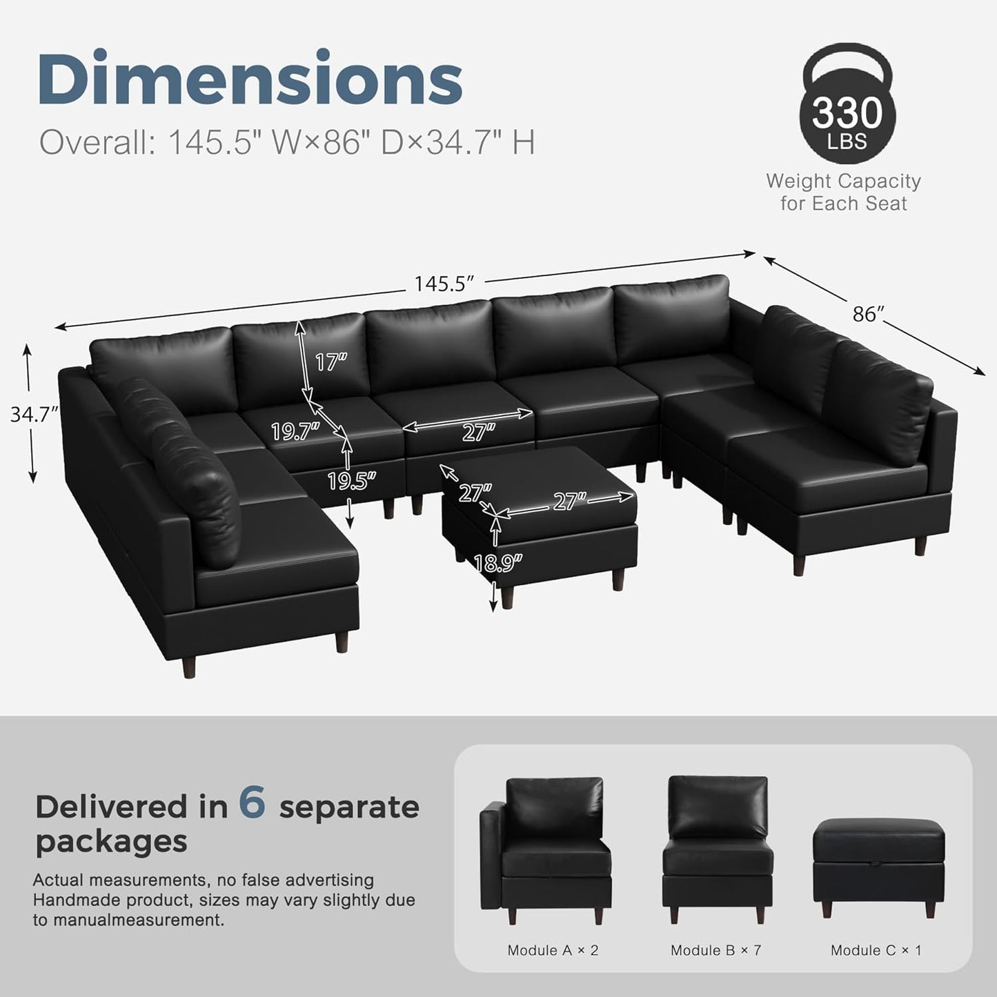 ABCASA Oversized 145.5" Faux Leather Modular Sectional Sofa, Modern Large 10 Seater U Shaped Couch with Storage Seat with Reversible Chaise Deep Seat for Living Room DIY Combination - Black