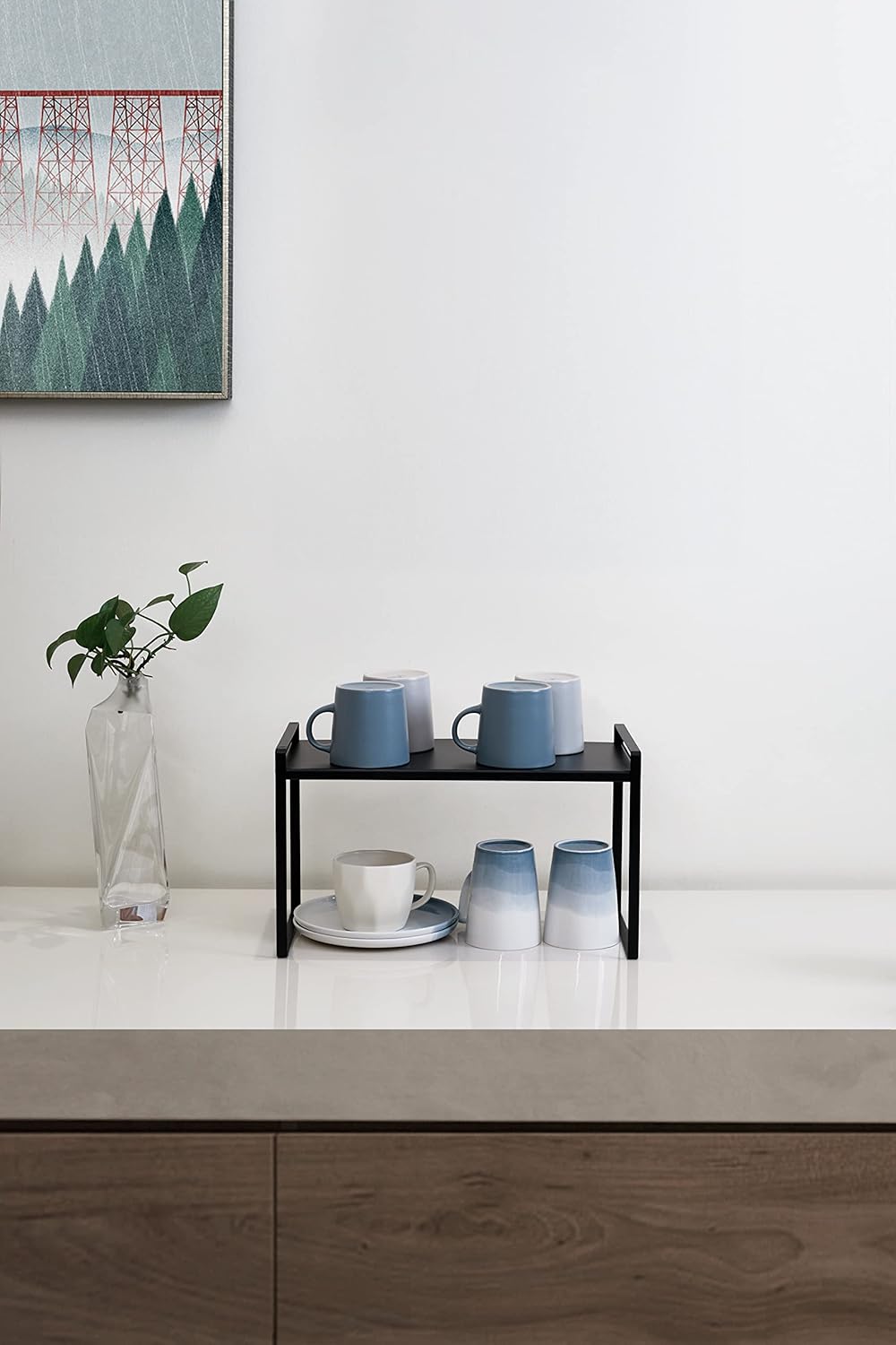 Nxconsu 2Pack Cabinet Shelves Stackable Shelf Organizer Rack Riser for Kitchen Cabinet Pantry Cupboard Counter Countertop Home Organization Storage Space Saver Heavy Duty Metal Nonslip Black Wide Tall