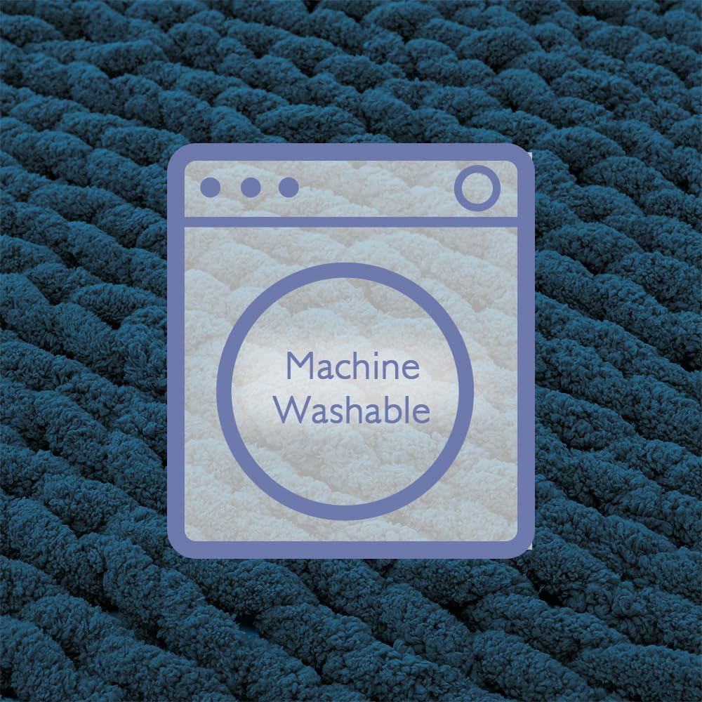 Bigacogo Chunky Knit Throw Blanket for Couch, 51x63 inches, 100% Hand Knitted with Thick Jumbo Chenille Yarn, Cozy Soft Large Rope Knot Cable Crochet Blankets for Sofa Bed Living Room, Deep Sea Blue