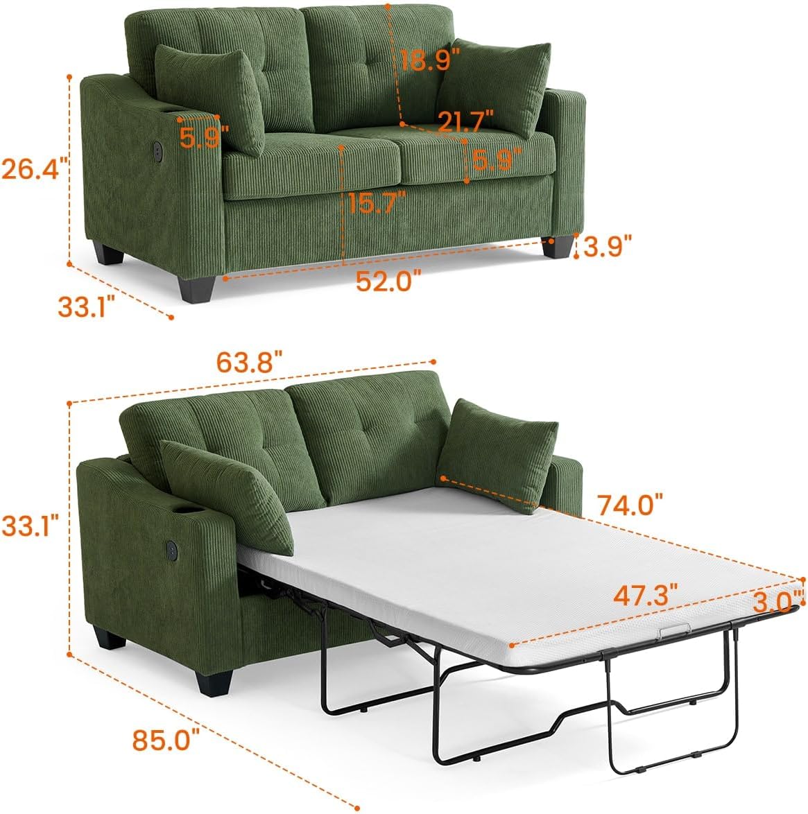 Pull Out Sofa Bed, Full Size Sleeper Sofa, 2-in-1 Convertible Corduroy Couch with USB Charging, Memory Form Couch for Living Room, Apartment and Small Space (Green, Corduroy - Full Size)