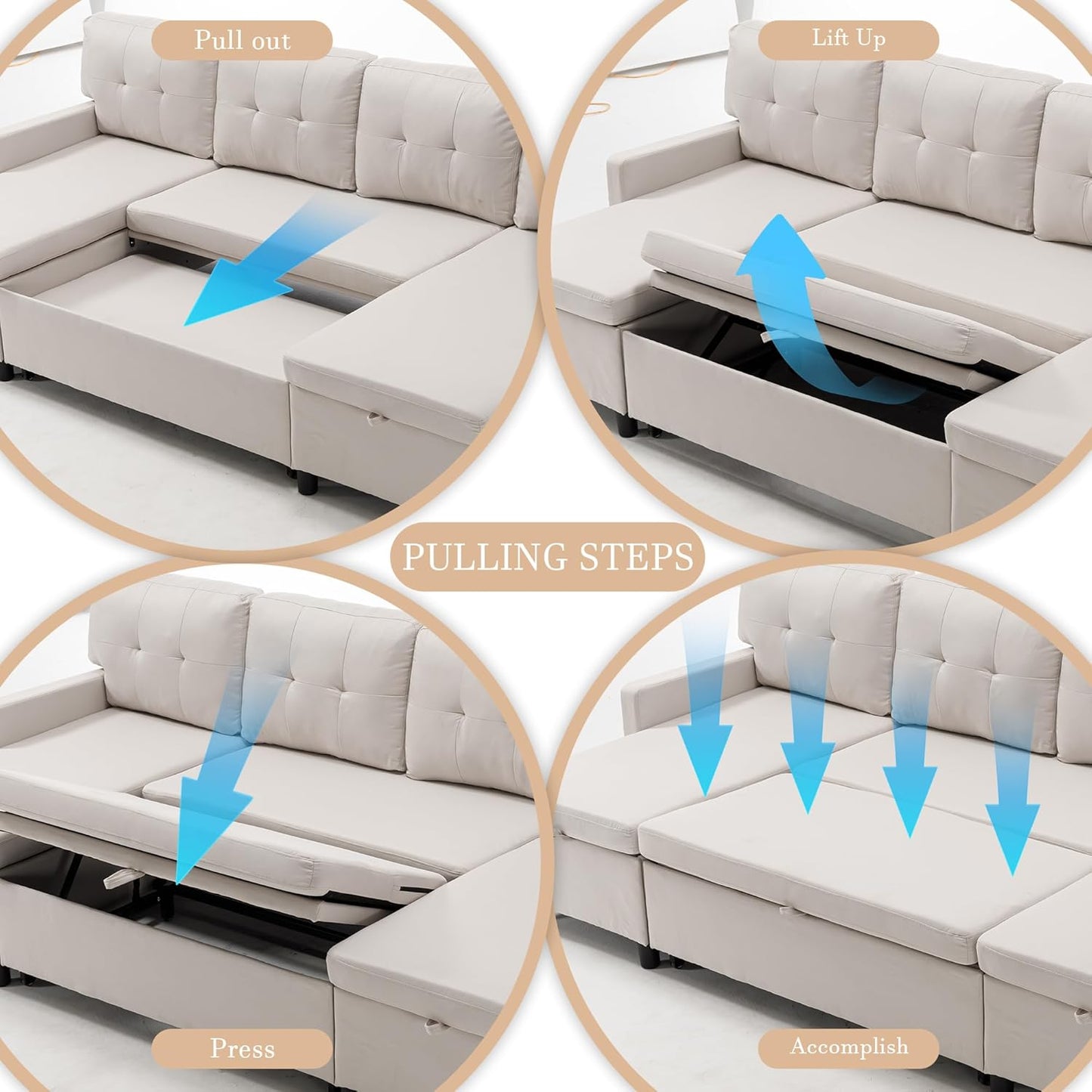 Pull Out Couch, Oversized Sleeper Sofa Couch, Sectional Sleeper Sofa Bed for Living Room Bedroom Lounge (Beige, 110 Inch)