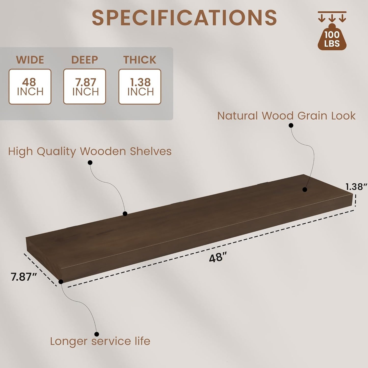 Walnut Floating Shelves for Wall 48 Inch, 8 in Deep Single Wood Shelf Floating Rustic Farmhouse Decor, Heavy Duty Shelf Hold 100 lbs, Wall Shelves for Bathroom Living Room Kitchen Bedroom Office