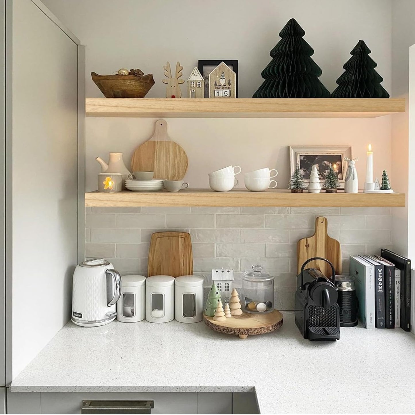 IAE Floating Wall Shelves 36 inch,Bathroom Shelves Wall Mounted,Invisible Shelves Floating Kitchen Shelves,Wooden Wall Shelves with Brackets for Living Room Wall Mounted,Easy Install,Set of 2,Natural