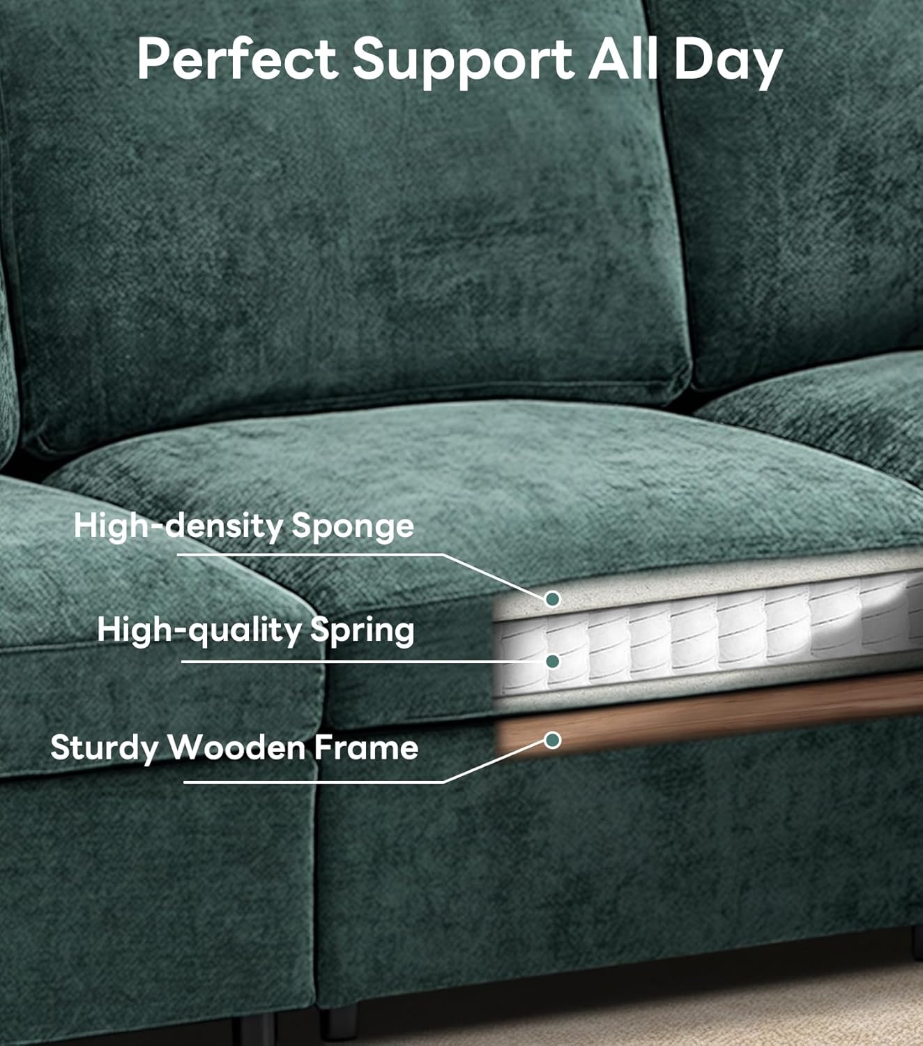 Tbfit 85" Convertible L Shaped Couch, Sectional Sofa for Living Room,Chenille Cloud Couch with Ottoman 4 Seat, Green