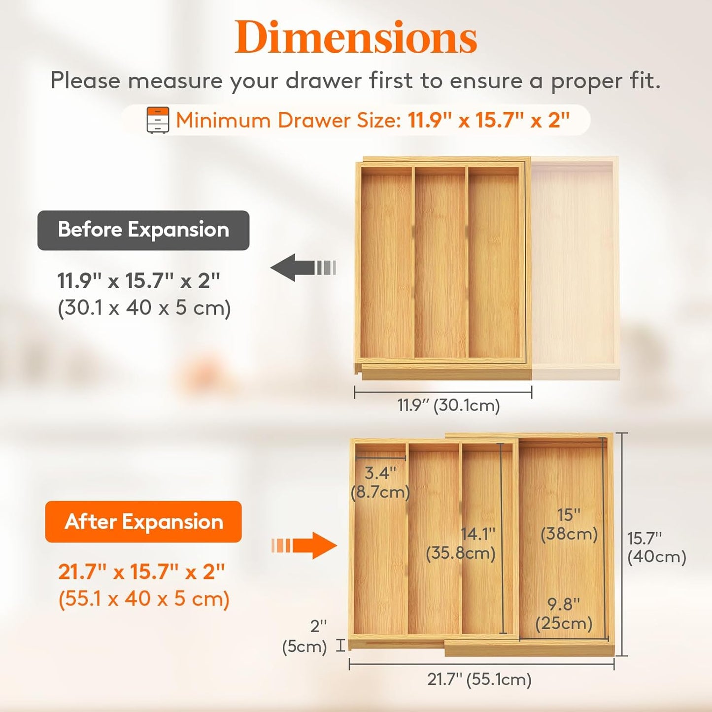Lifewit Utensil Drawer Organizer, Expendable Cooking Silverware Tray for Kitchen Drawer, Bamboo Adjustable Cutlery Flatware Holder, Spatula Tools and Gadgets Storage Divider, 4 Compartments, Natural