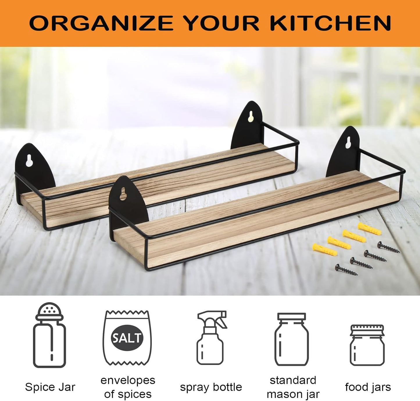 TJ.MOREE 2 Pack Spice Rack Wall Mount Rustic Style Hanging Spice Organizer for Wall, Kitchen Spice Storage