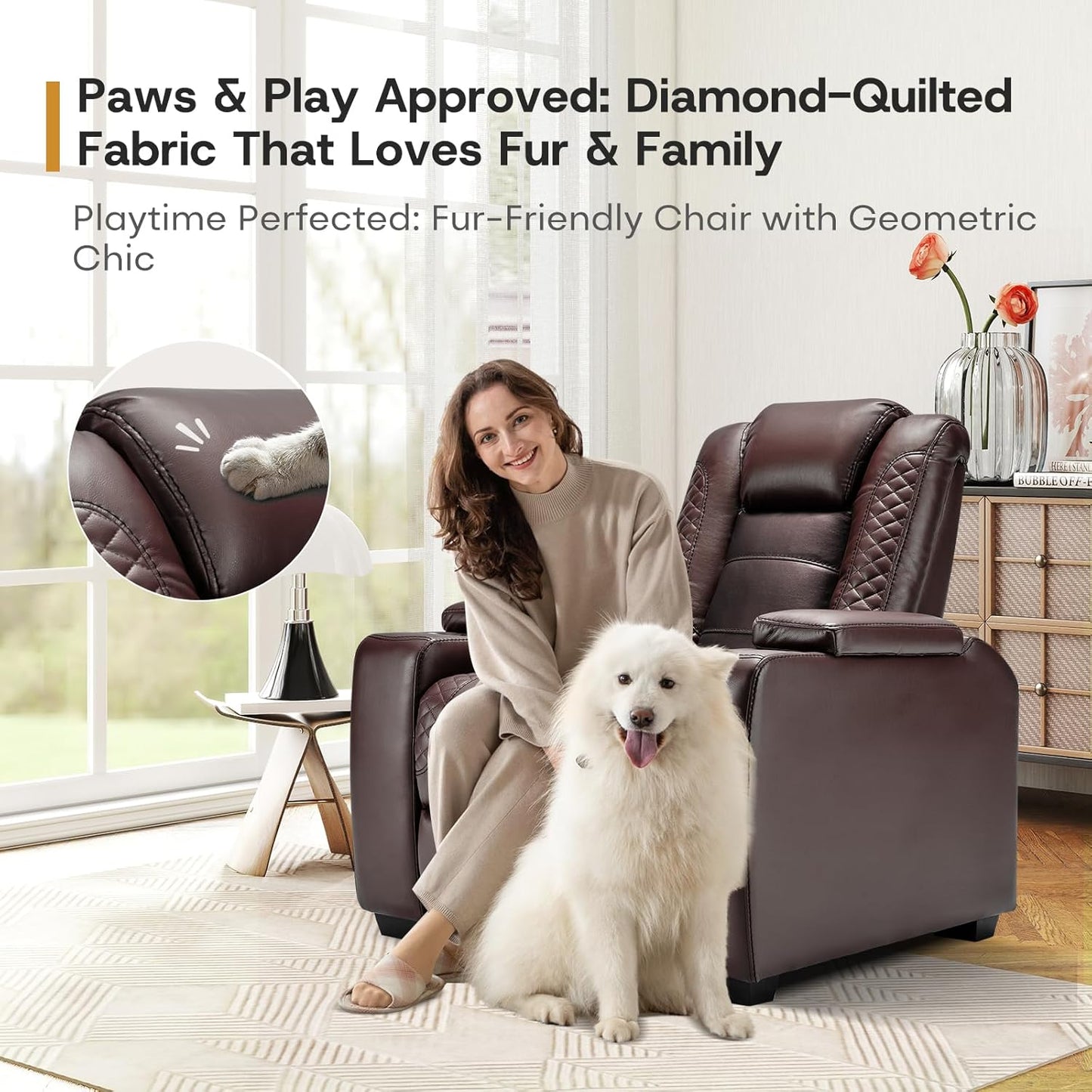 ANJ Power Home Theater Seating, PU Leather Electric Recliner Chair with Powered Headrest, Dual Motors Movie Reclining Chairs with LED Lights,USB Port, Cup Holders, Hidden Arm Storage (Brown)