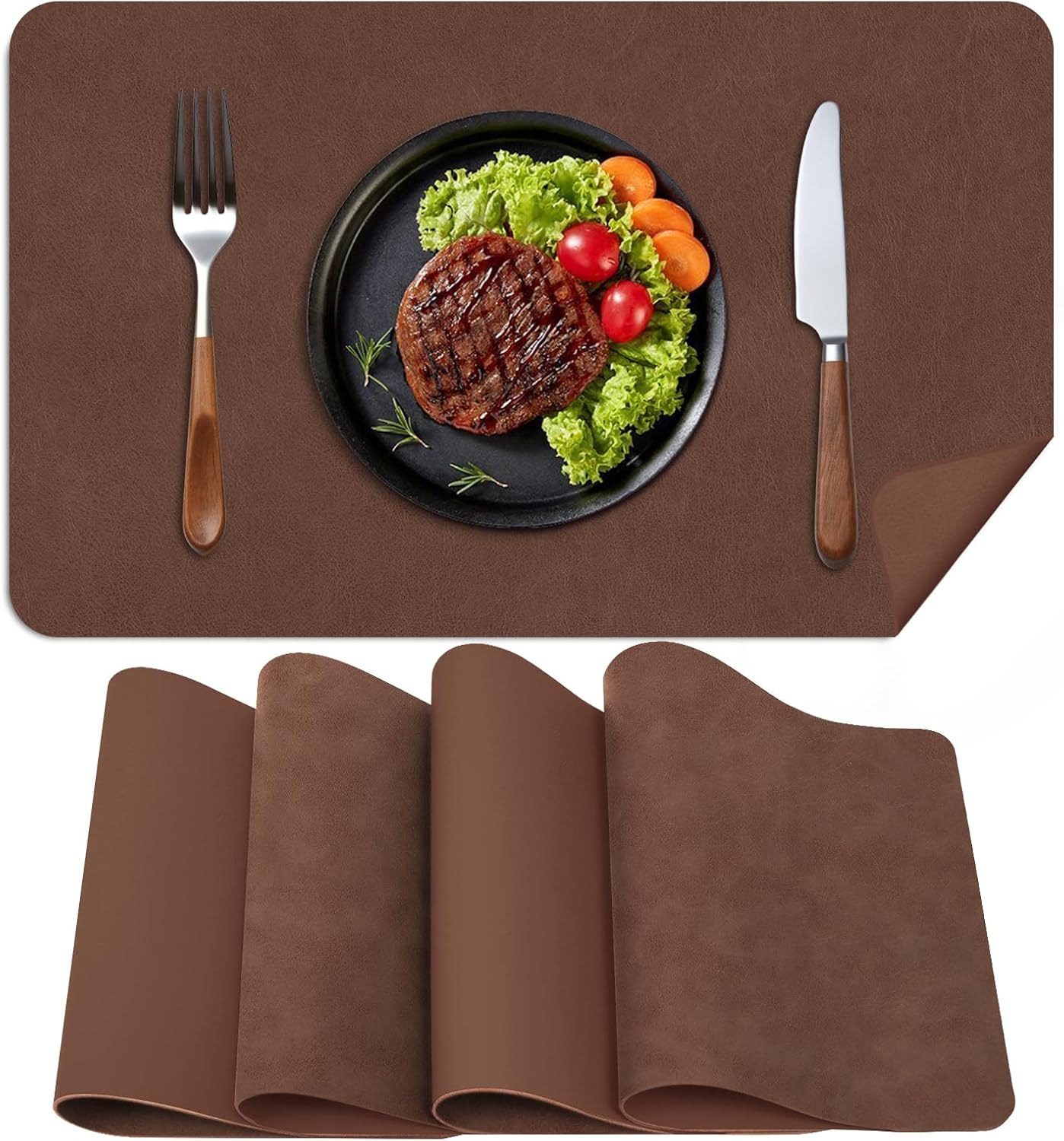 Faux Leather Placemats, Set of 4, 12''×17' Textures on Both Sides, Heat-Resistant, Waterproof and Oil-Proof, Reversible Place Mats for Kitchen, Dining Table, Outdoor - Brown